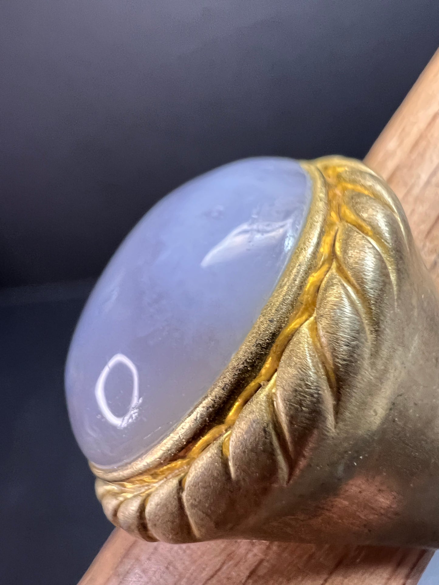 Glow By Sheila Fajl Signed Blue Agate Ring brushed 18kt Plated size 7