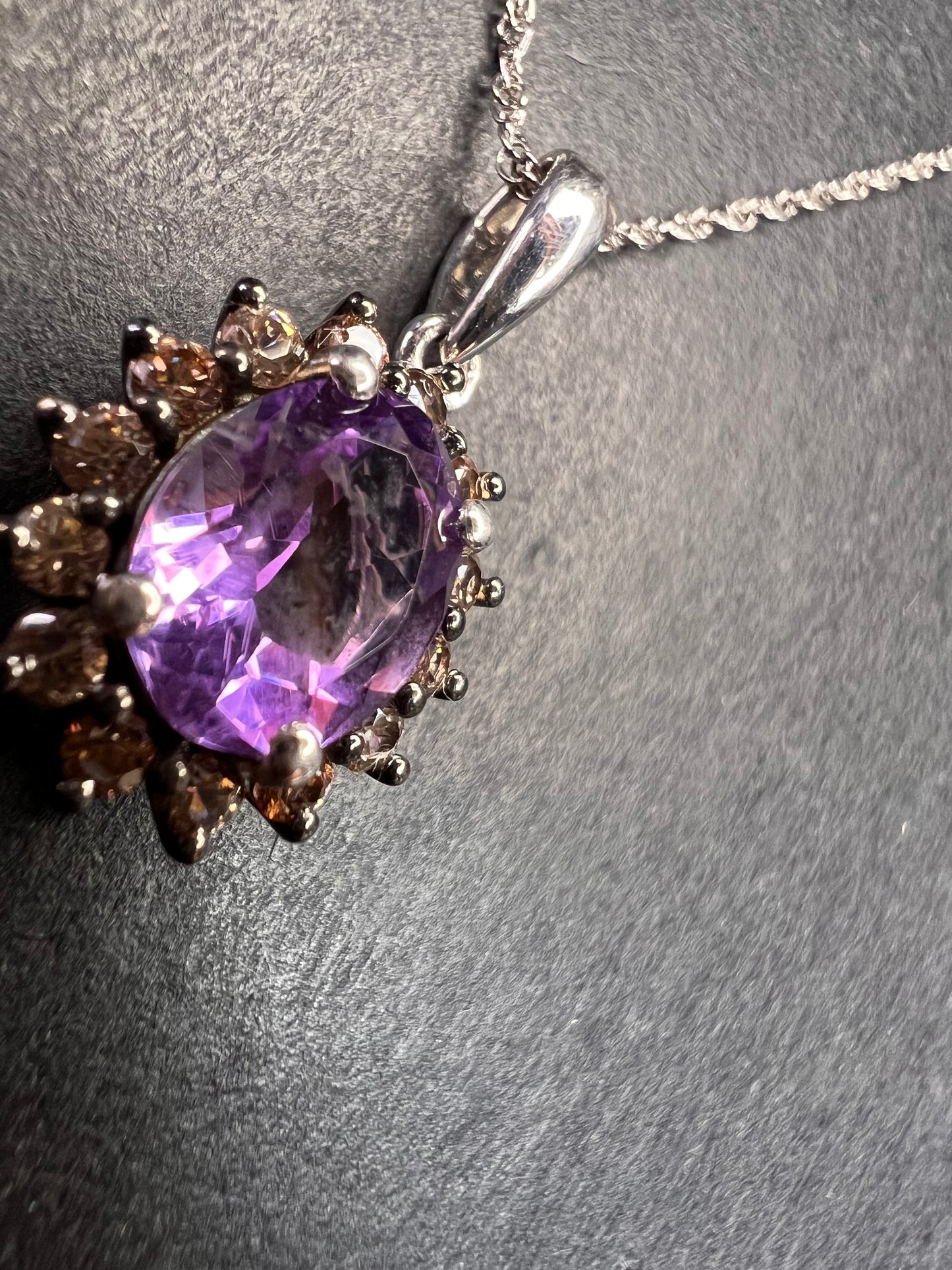 NEW Moroccan rose amethyst and brown zircon halo pendant in sterling silver with vintage chain