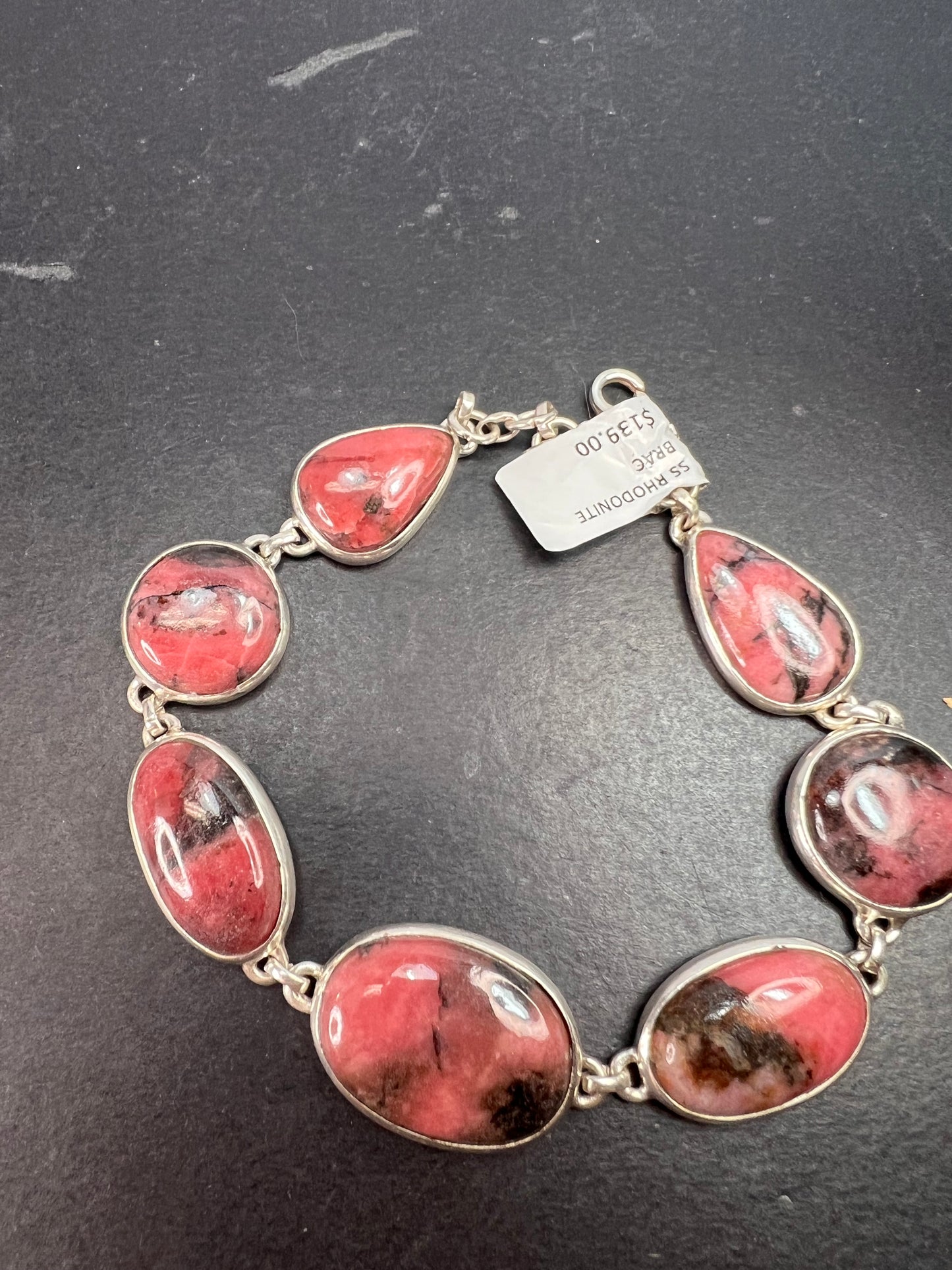 New Rhodonite free form sterling silver link bracelet 8-8.5 inch