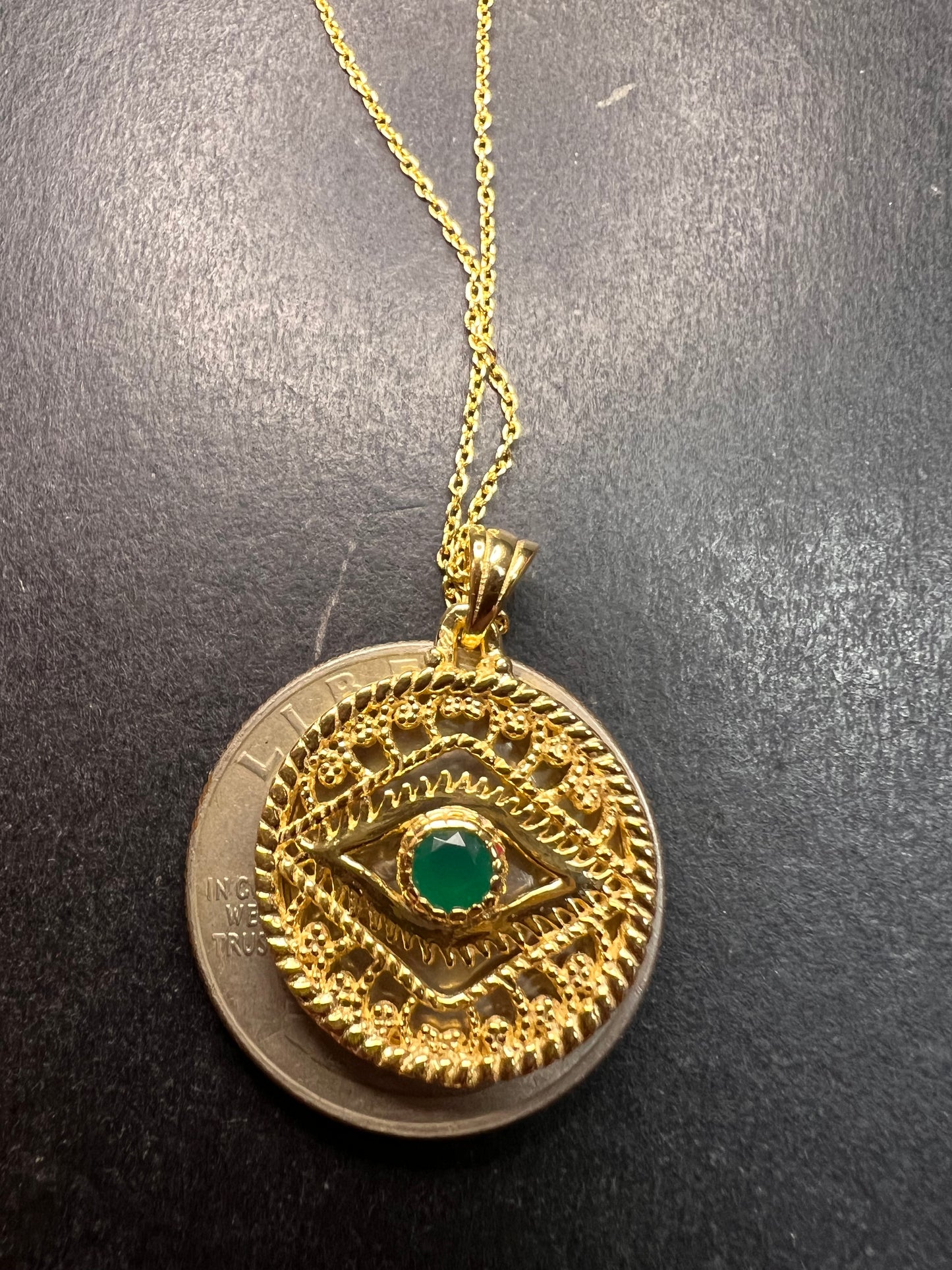 NEW Green onyx evil eye pendant and chain in gold over sterling silver