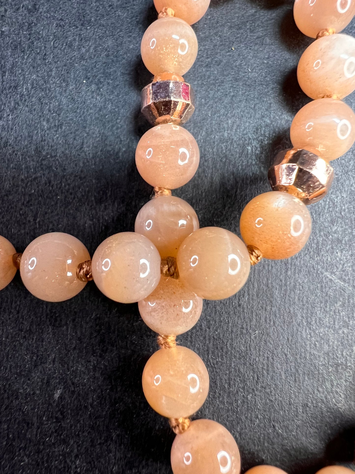 NEW Peach moonstone 30 inch knotted necklace with rose gold over bronze