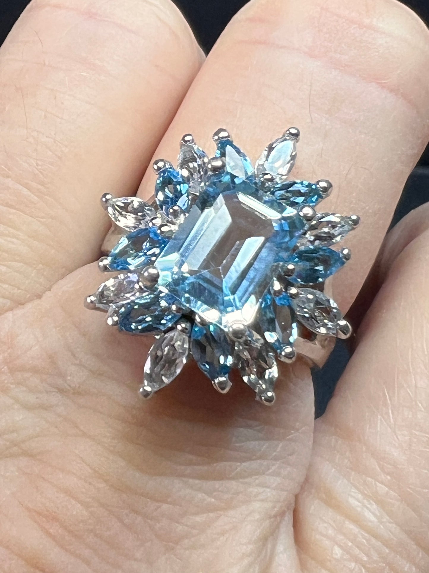 Vintage Sky blue and white topaz sterling silver ring size 8
