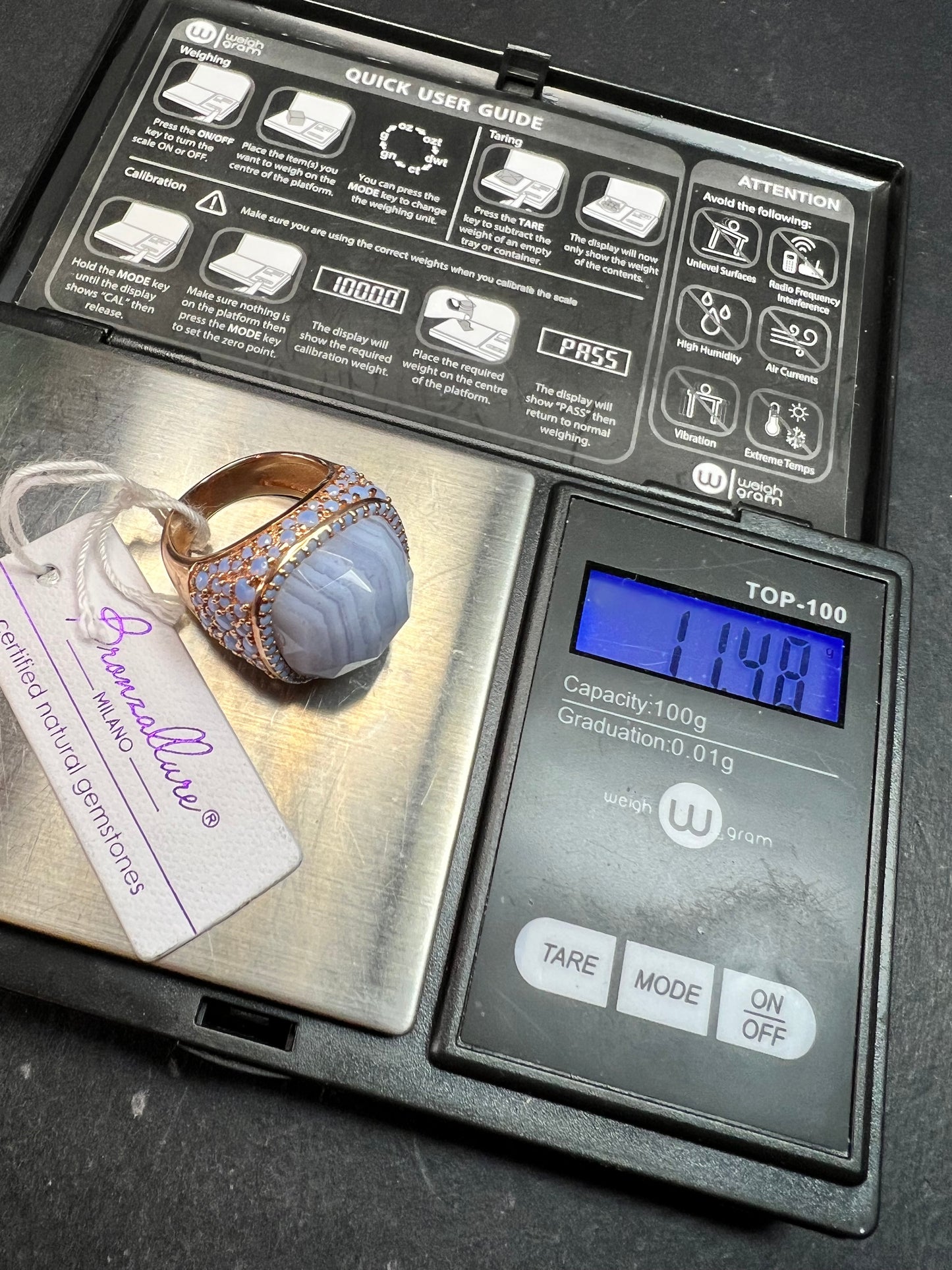 New With Tag Blue Lace Agate 18K Rose Gold Plated Ring Size 7