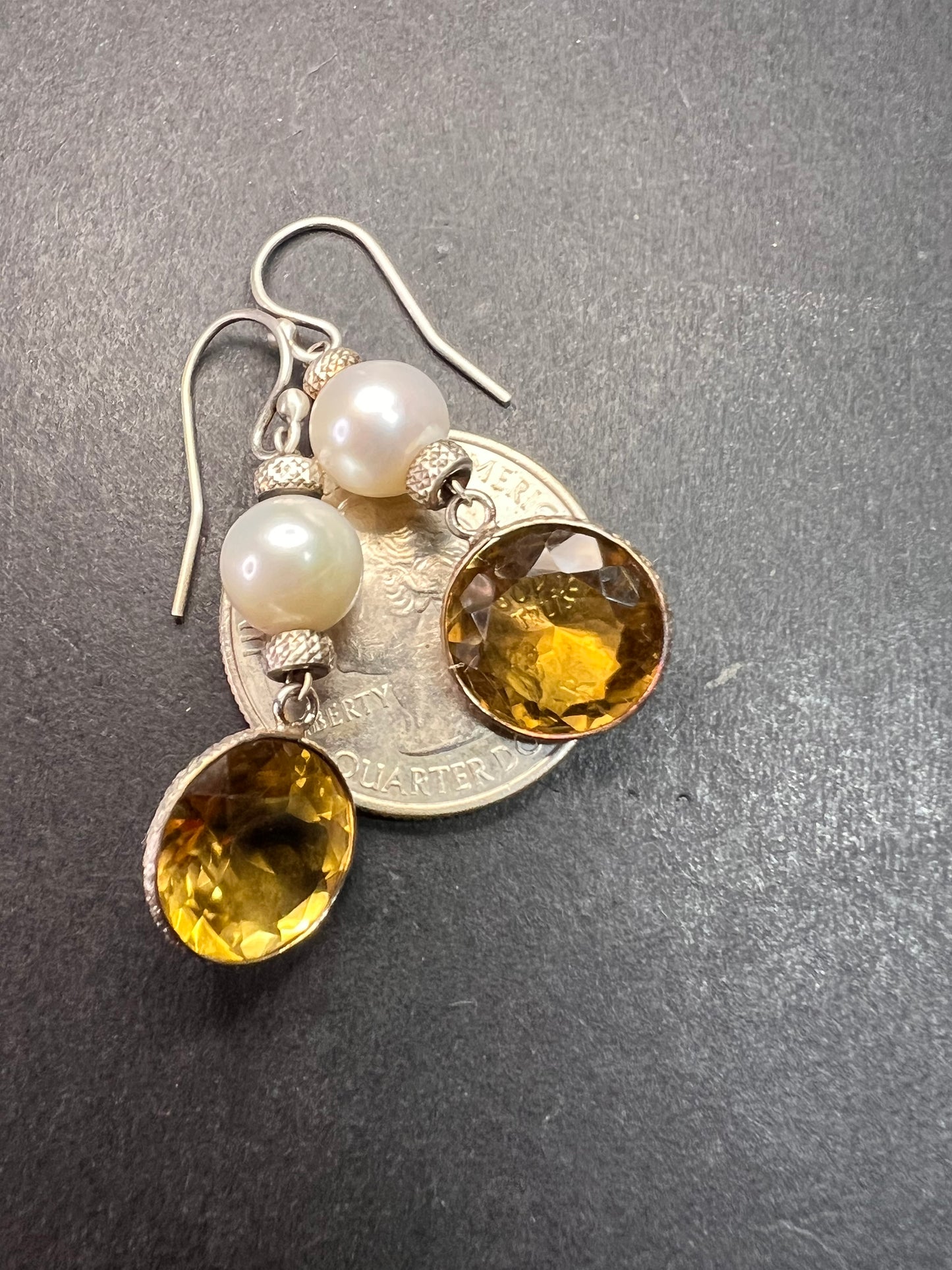 Citrine and pearl sterling silver dangle earrings