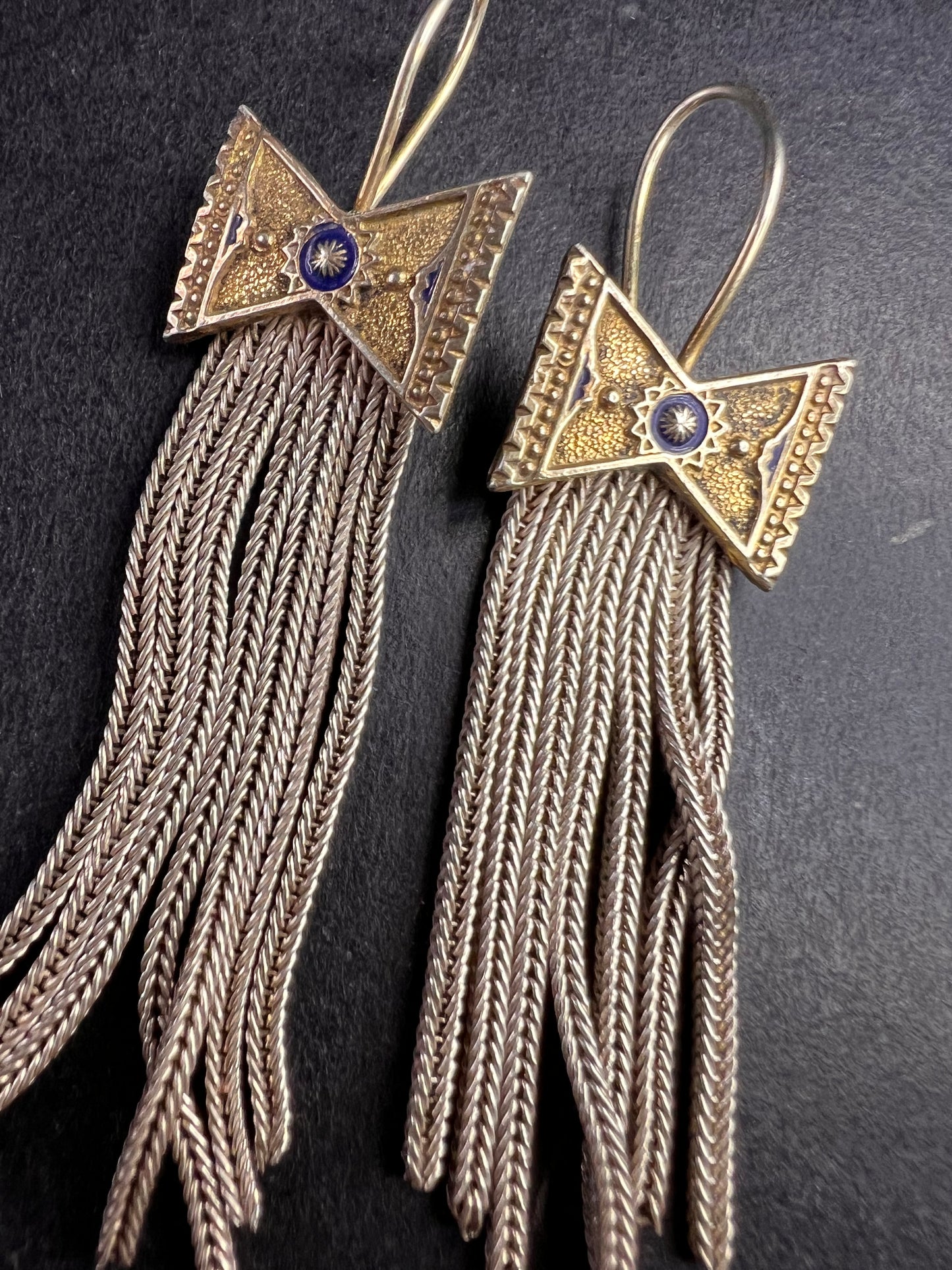 Vintage Turkish sterling silver foxtail fringe enamel bow earrings