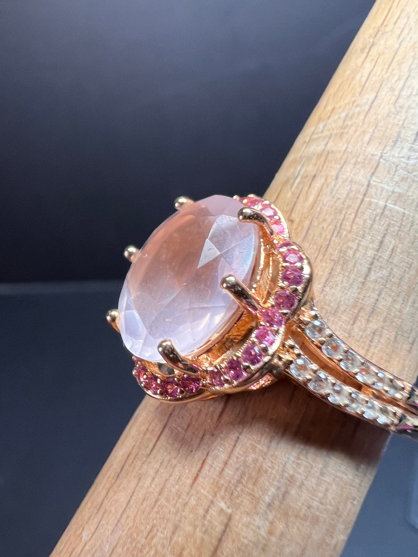 NEW Rose Quartz and lab pink sapphire rose gold over sterling silver ring size 8