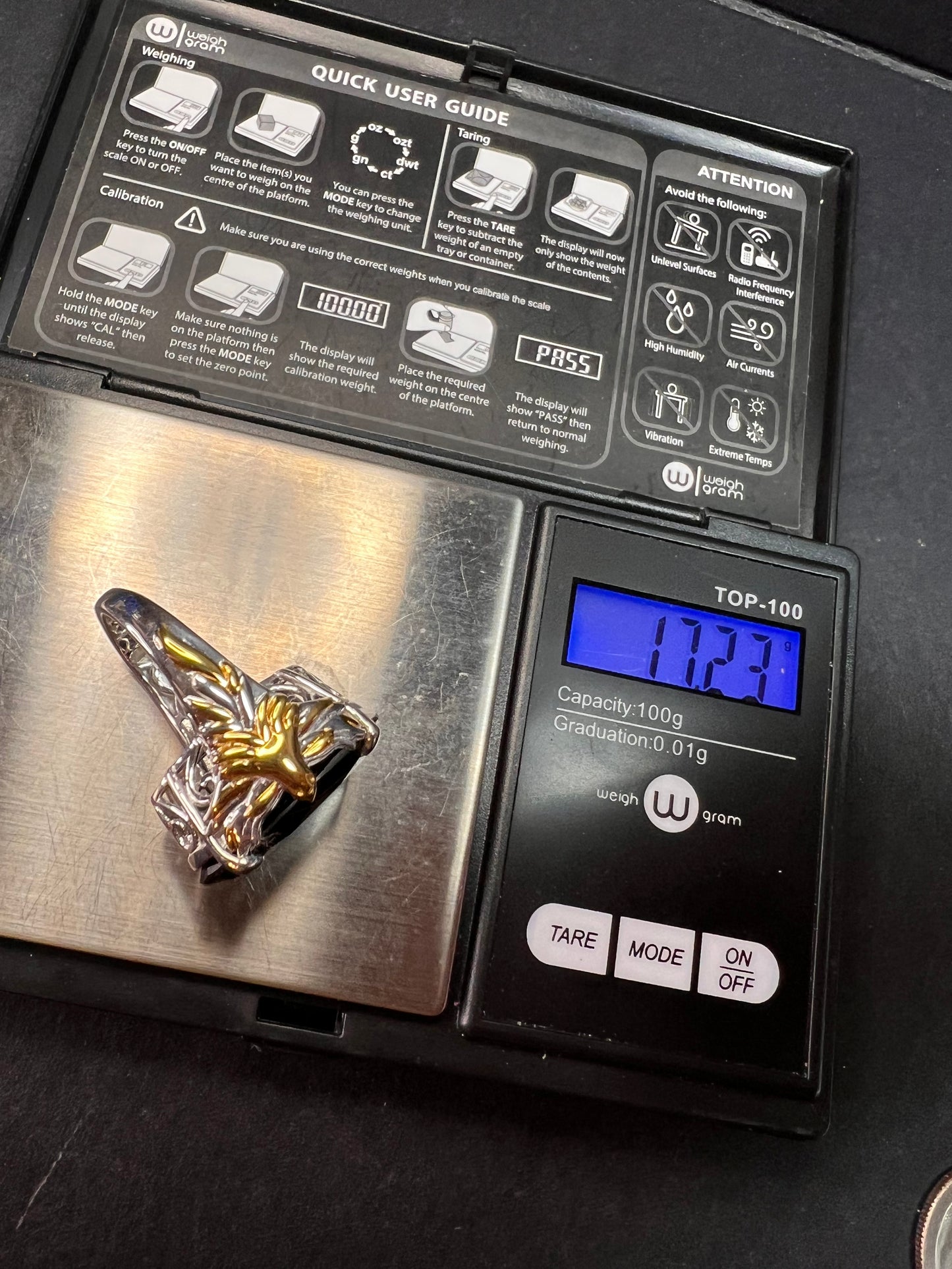 NEW Black spinel Phoenix ring in rhodium and gold vermeil over sterling silver size 7