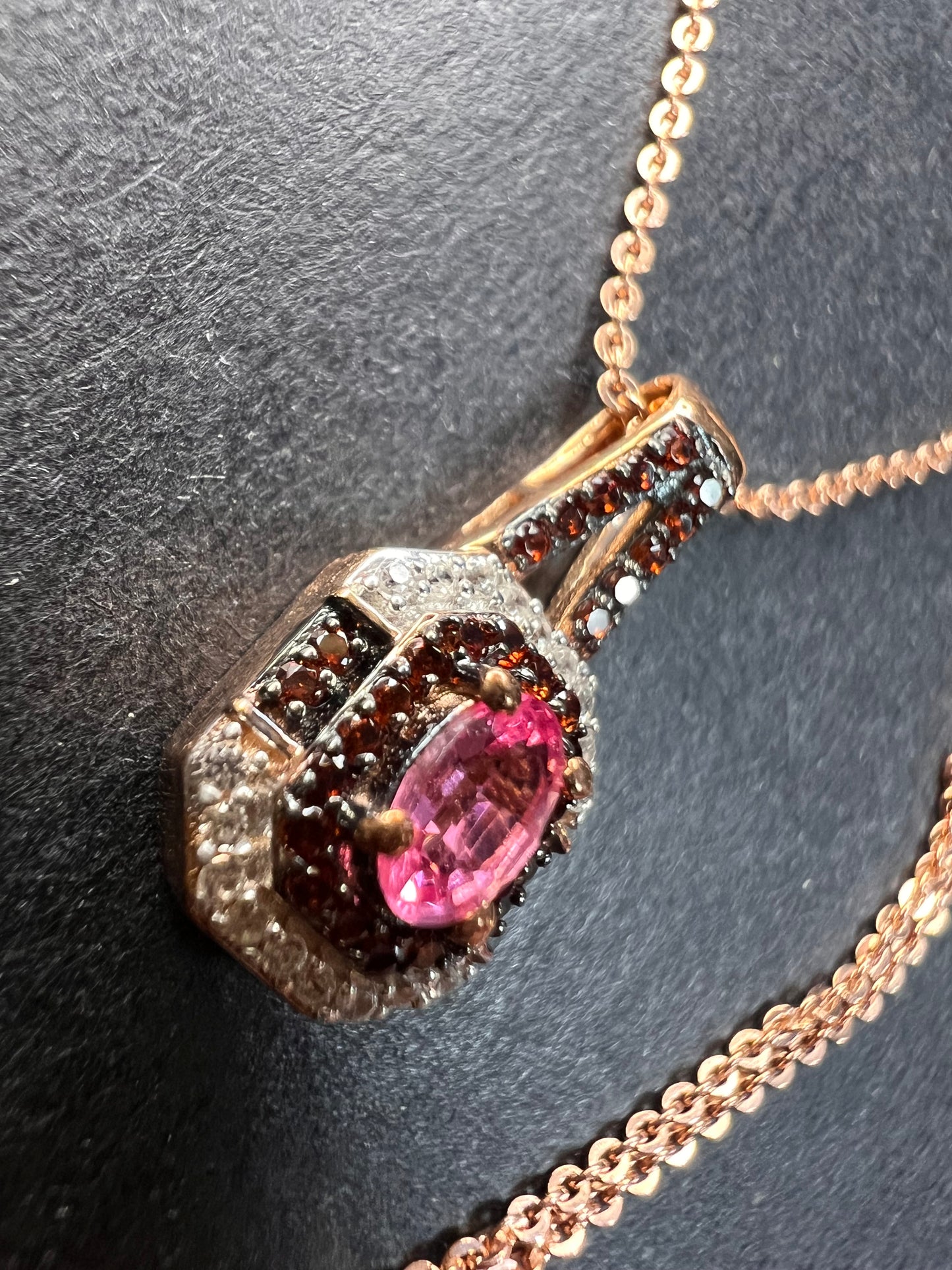 NEW Mahenge pink spinel and brown zircon art deco style pendant in rose gold over sterling silver