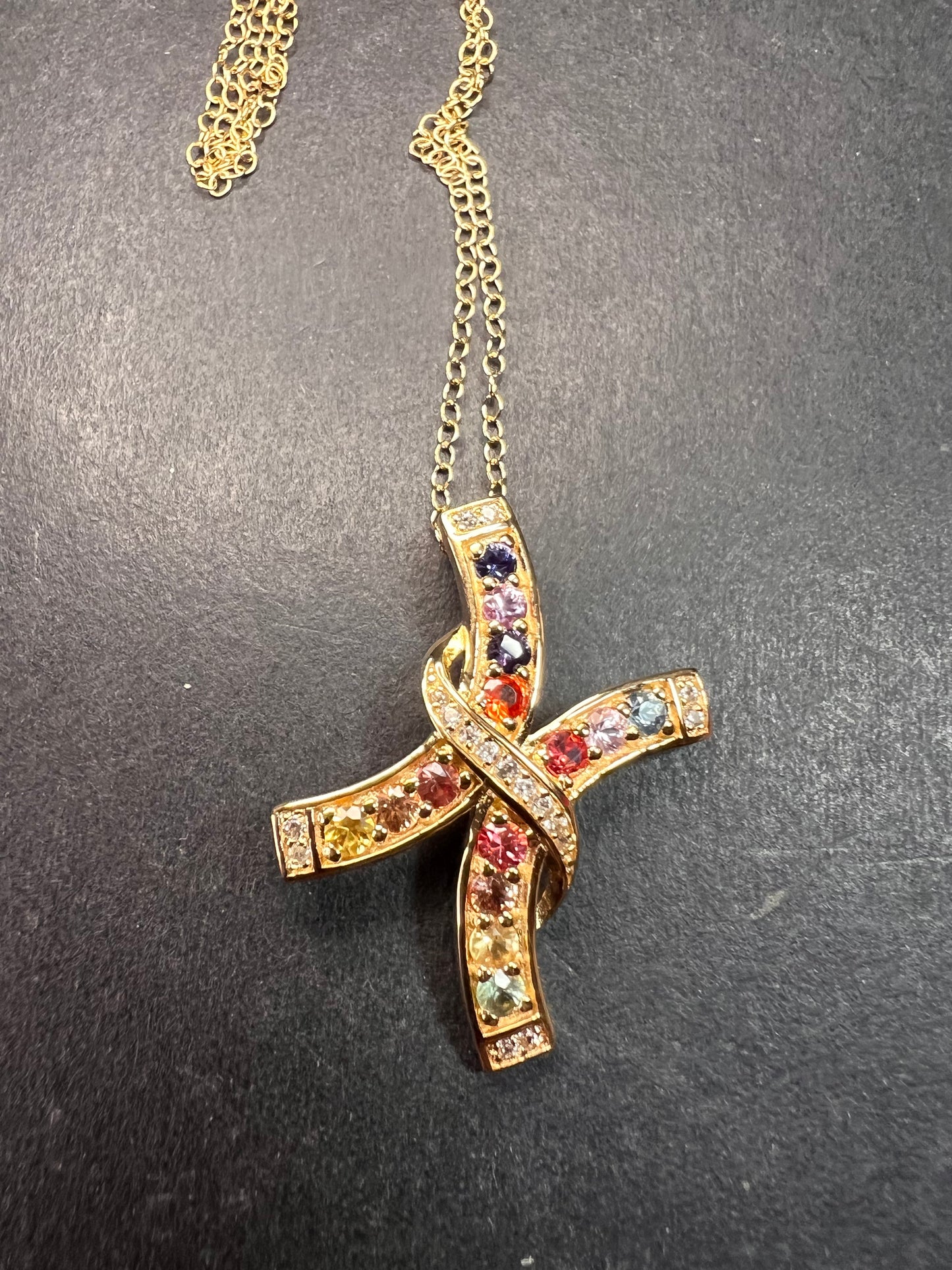 NEW Rainbow sapphire curved cross pendant and chain in gold vermeil over sterling silver