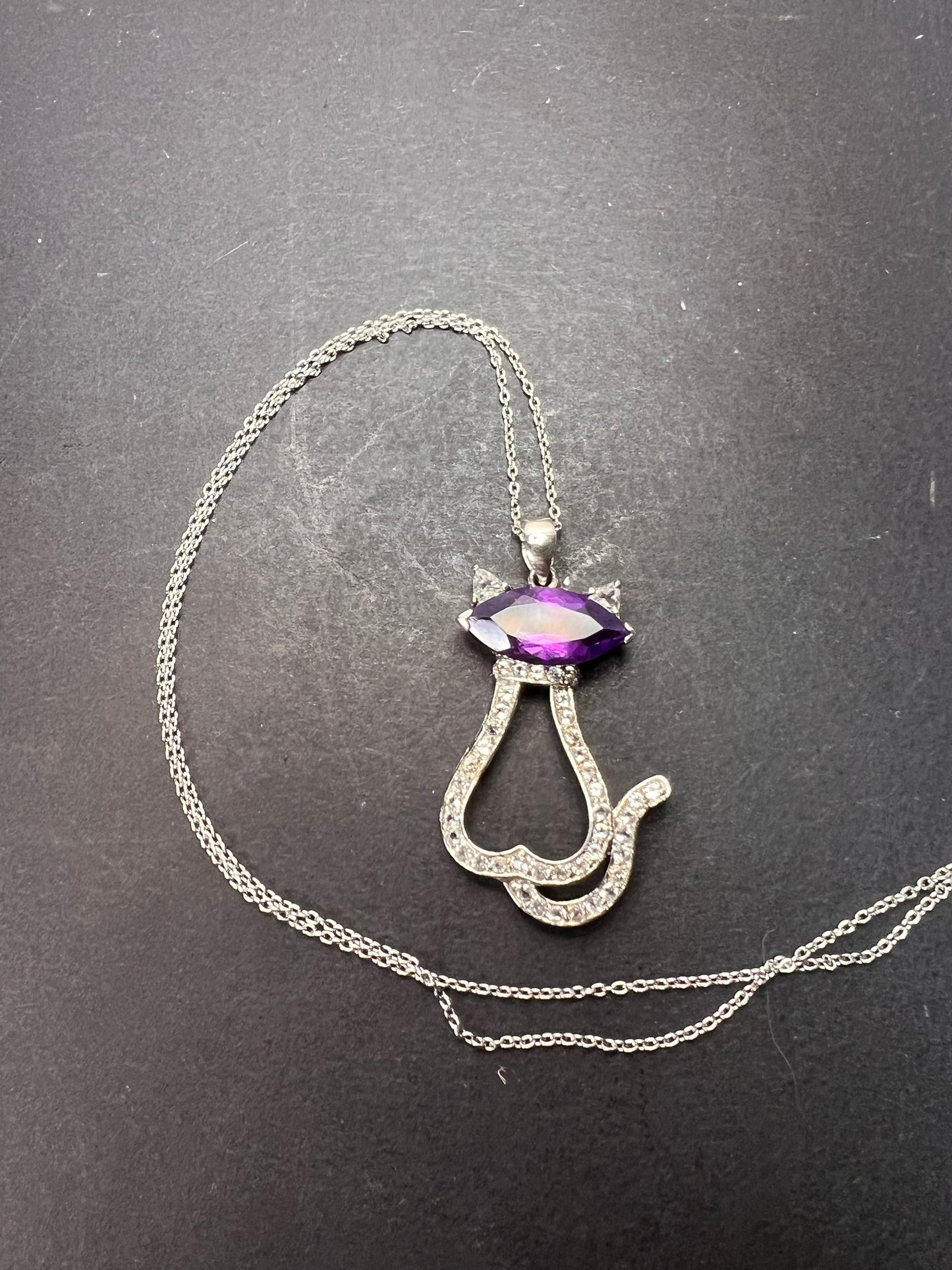 Purple Amethyst white topaz Rhodium Over Silver Cat Pendant Chain