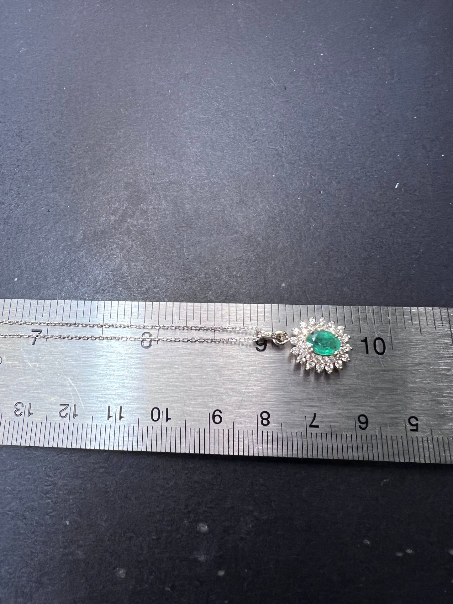 Zambian Emerald and White Zircon Sunburst Pendant Necklace 18 Inches in Platinum Over Sterling Silver 1.50 ctw