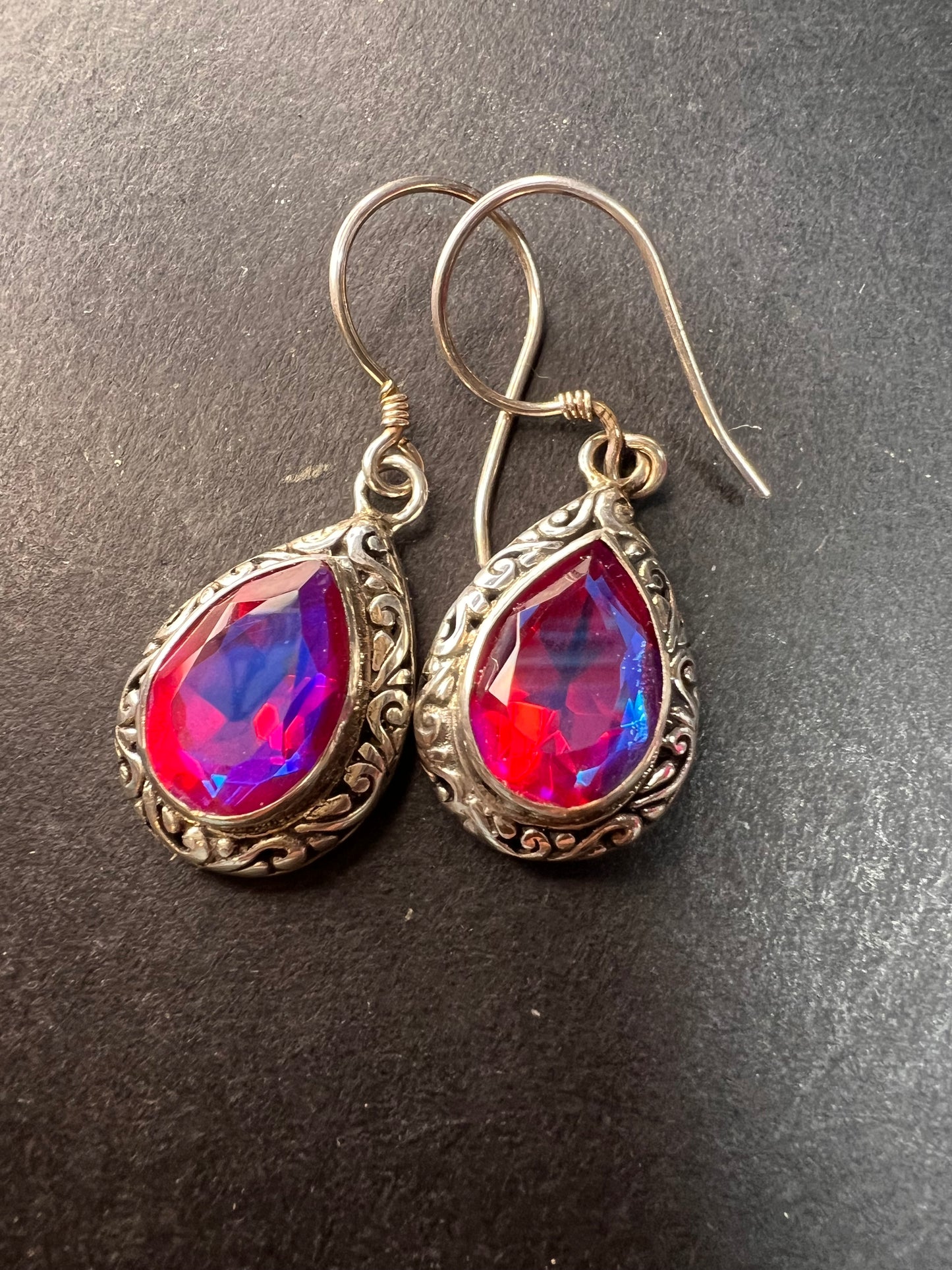 Volcanic Quartz Bali style sterling silver teardrop earrings