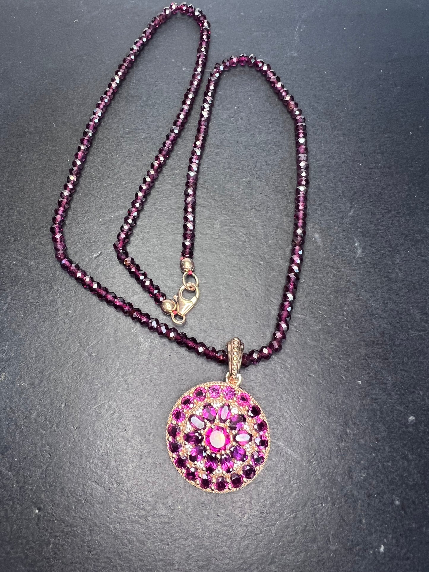 *NEW* Rhodolite garnet and white topaz pendant and necklace in rose gold over sterling silver