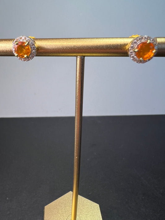 Orange Mexican fire opal halo stud earrings