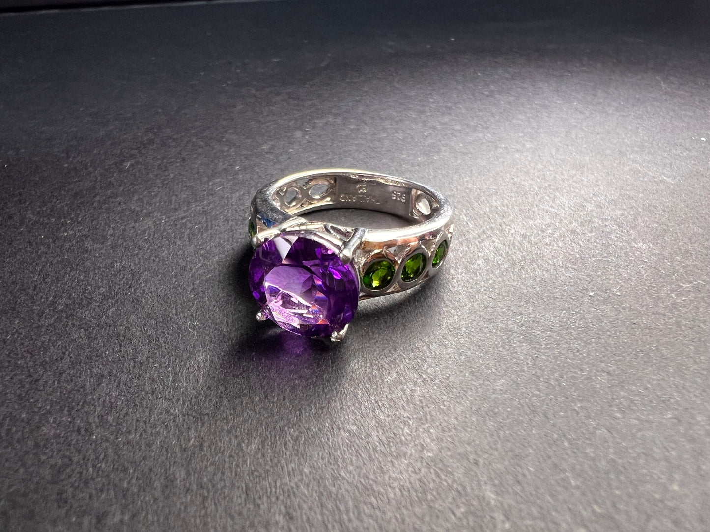 Vintage amethyst and chrome diopside ring in sterling silver size 7