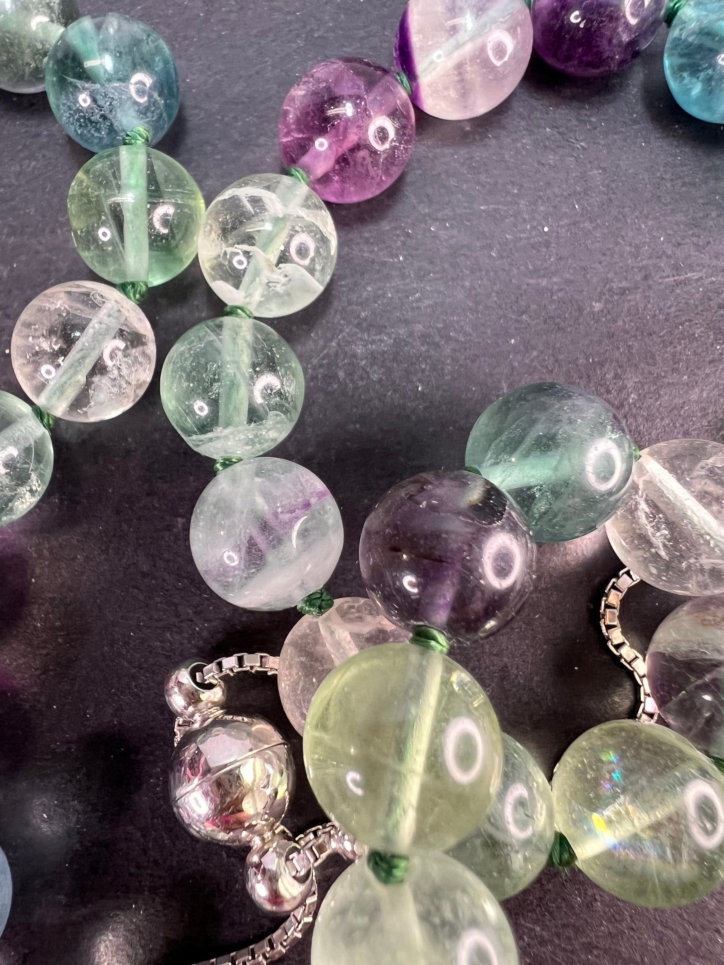 NEW Fluorite knotted beaded bolo necklace with sterling silver magnetic clasp