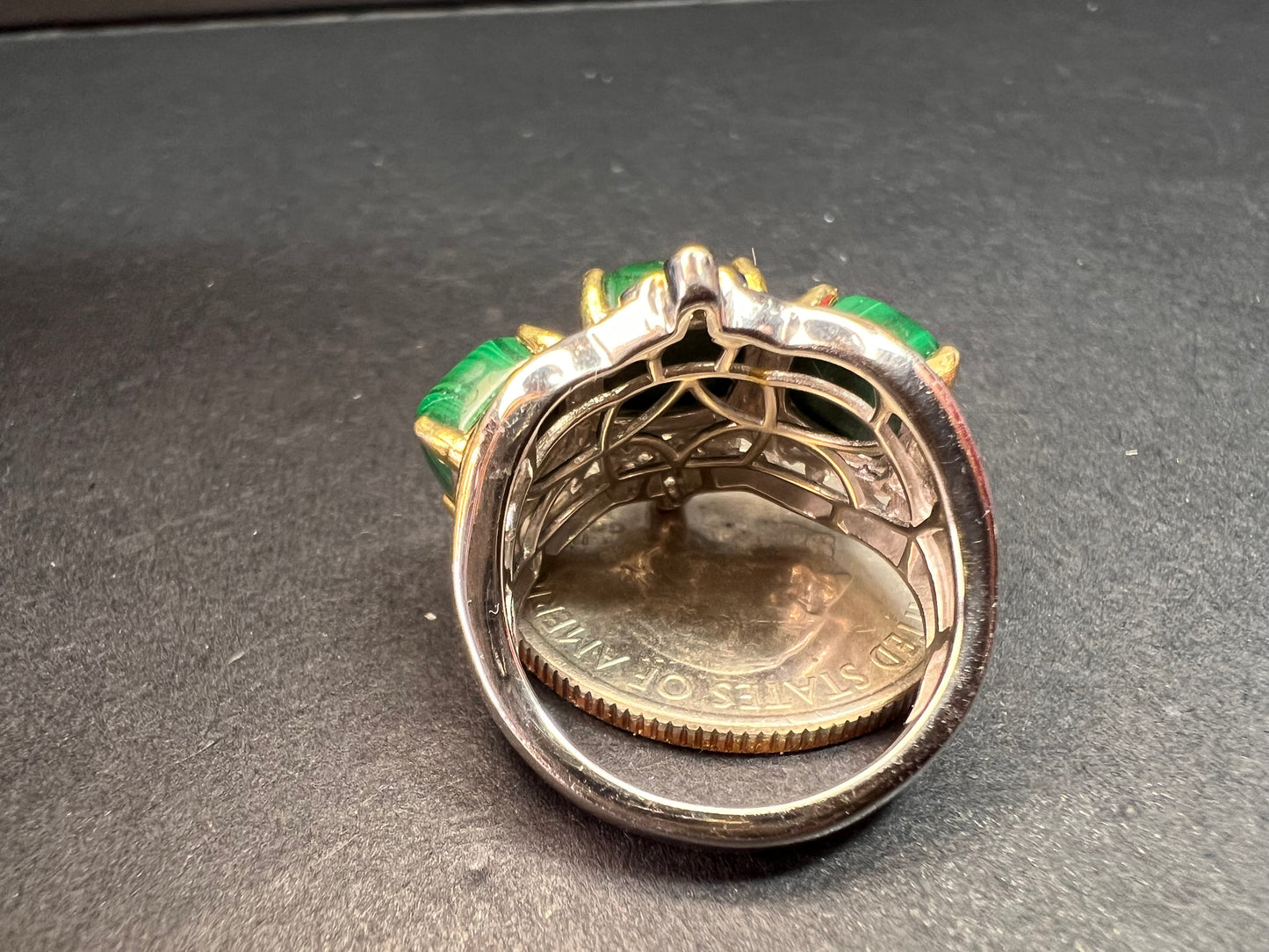 NEW Malachite and zircon two toned ring in vermeil and rhodium over sterling silver size 7