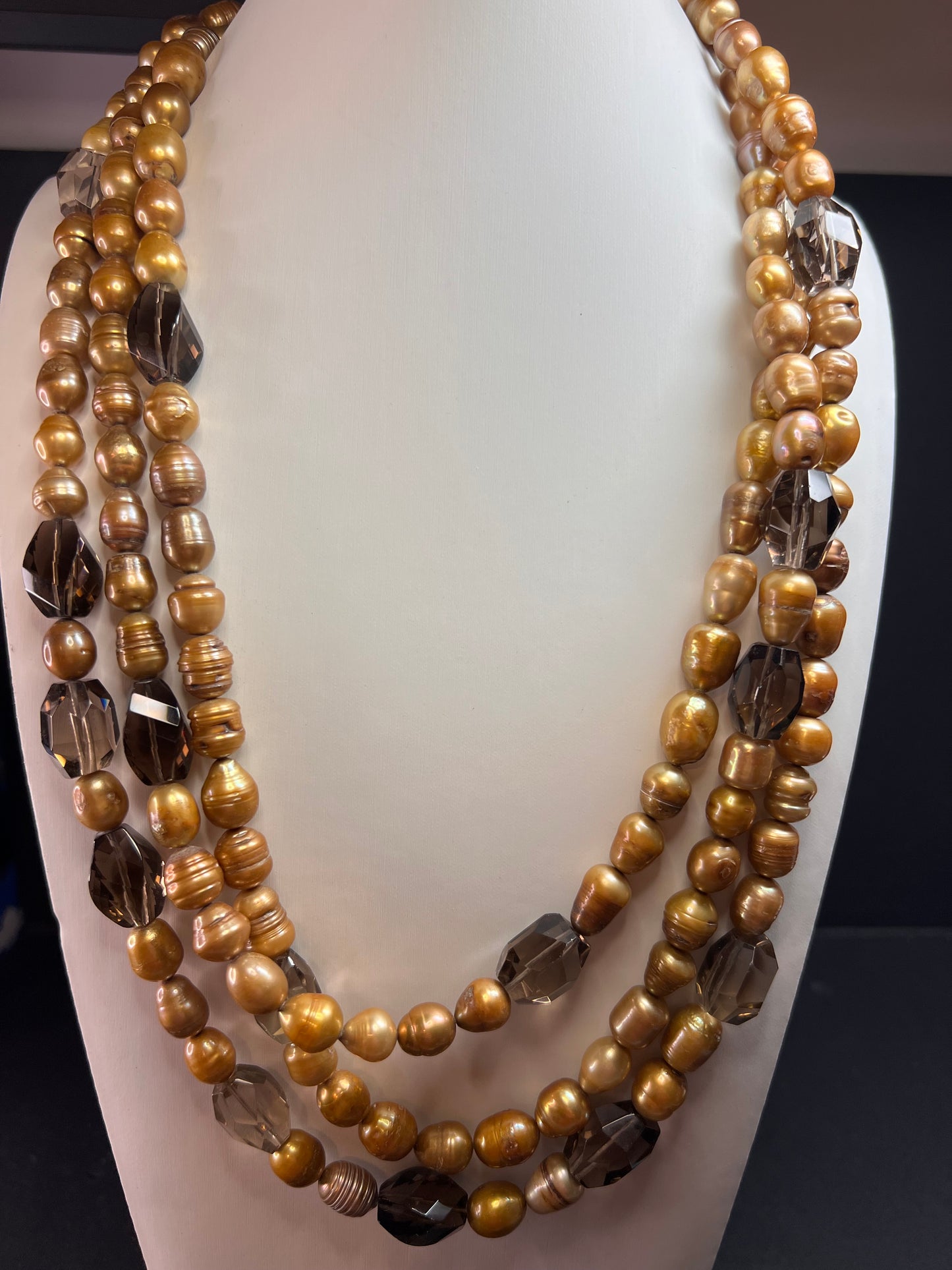 NEW smoky quartz and pearl multi strand necklace with sterling silver clasp