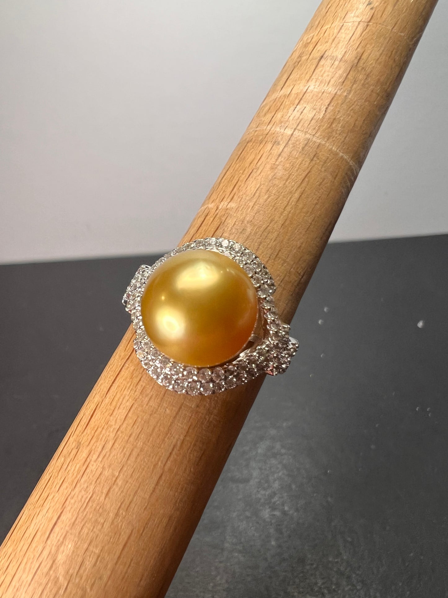 Natural Color Deep Gold 11mm Golden South Sea Cultured Pearl and Zircon ring in rhodium over Sterling silver size 9
