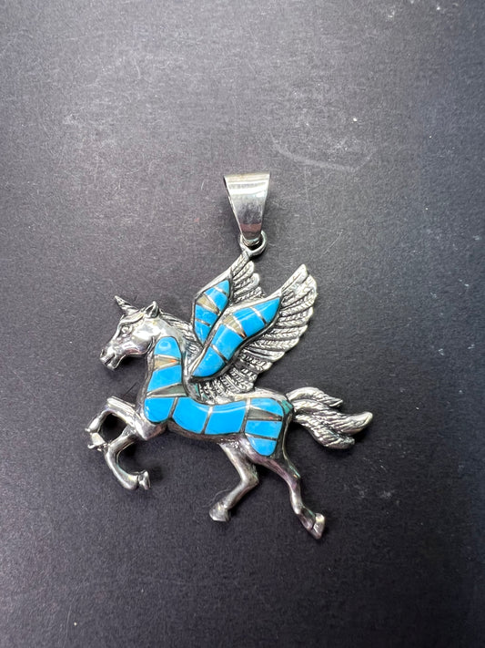 Turquoise and lab opal inlay Pegasus unicorn sterling silver pendant
