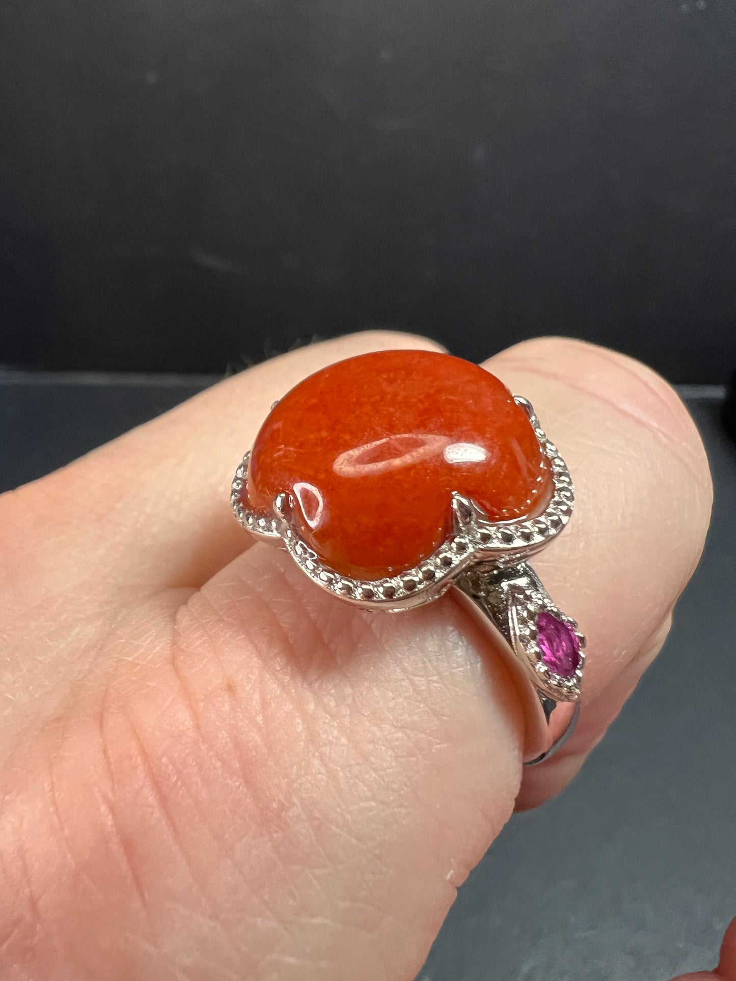 NEW cherry red jade and ruby blossom ring in rhodium over sterling silver size 9