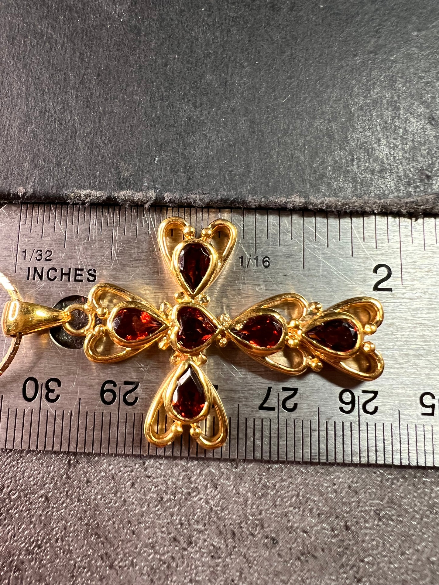 Vintage SETA Garnet Cross Pendant Necklace Gold Tone 24”