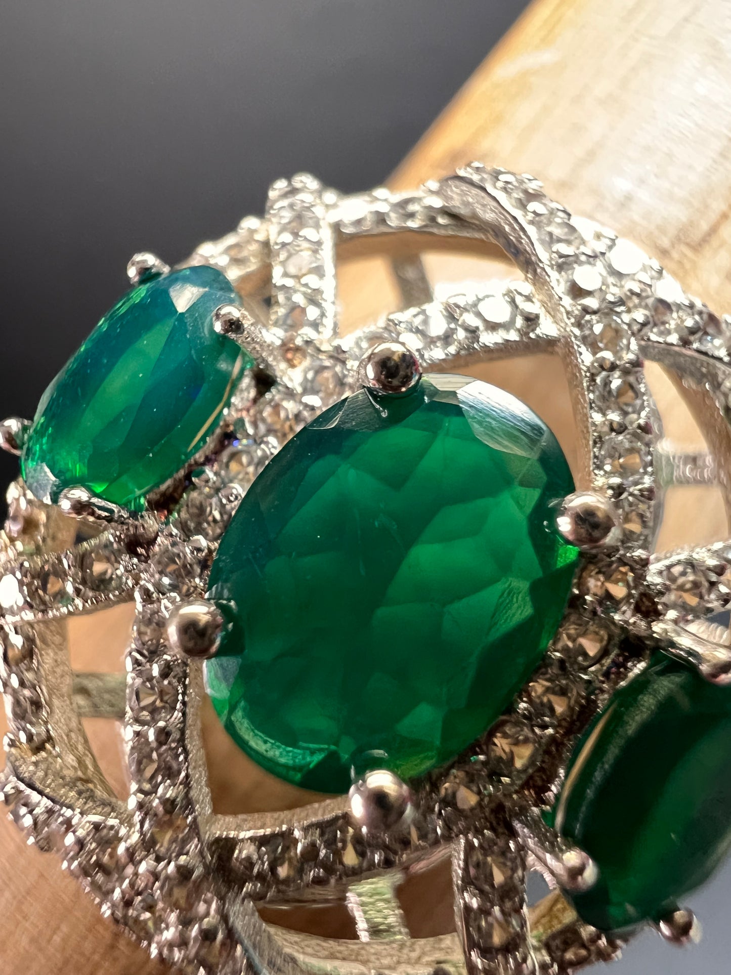 Synthetic emerald CZ sterling silver cocktail ring size 9