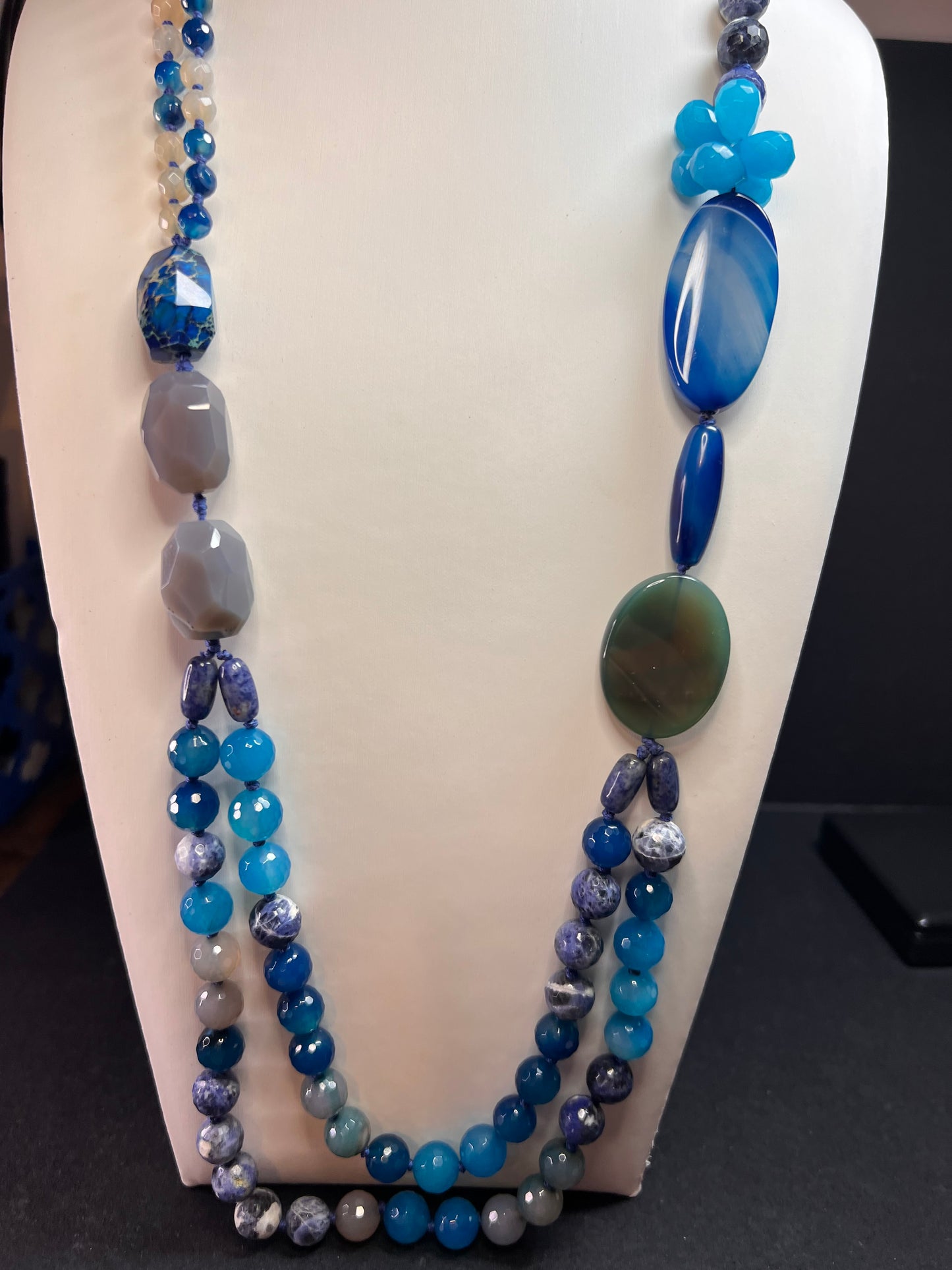 NEW multi blue semi precious stone station 36 inch necklace with sterling silver clasp
