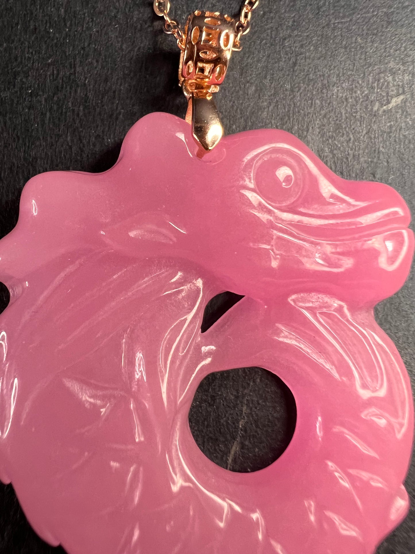 NEW Pink jade dragon pendant and 20 inch chain in rose gold over sterling silver