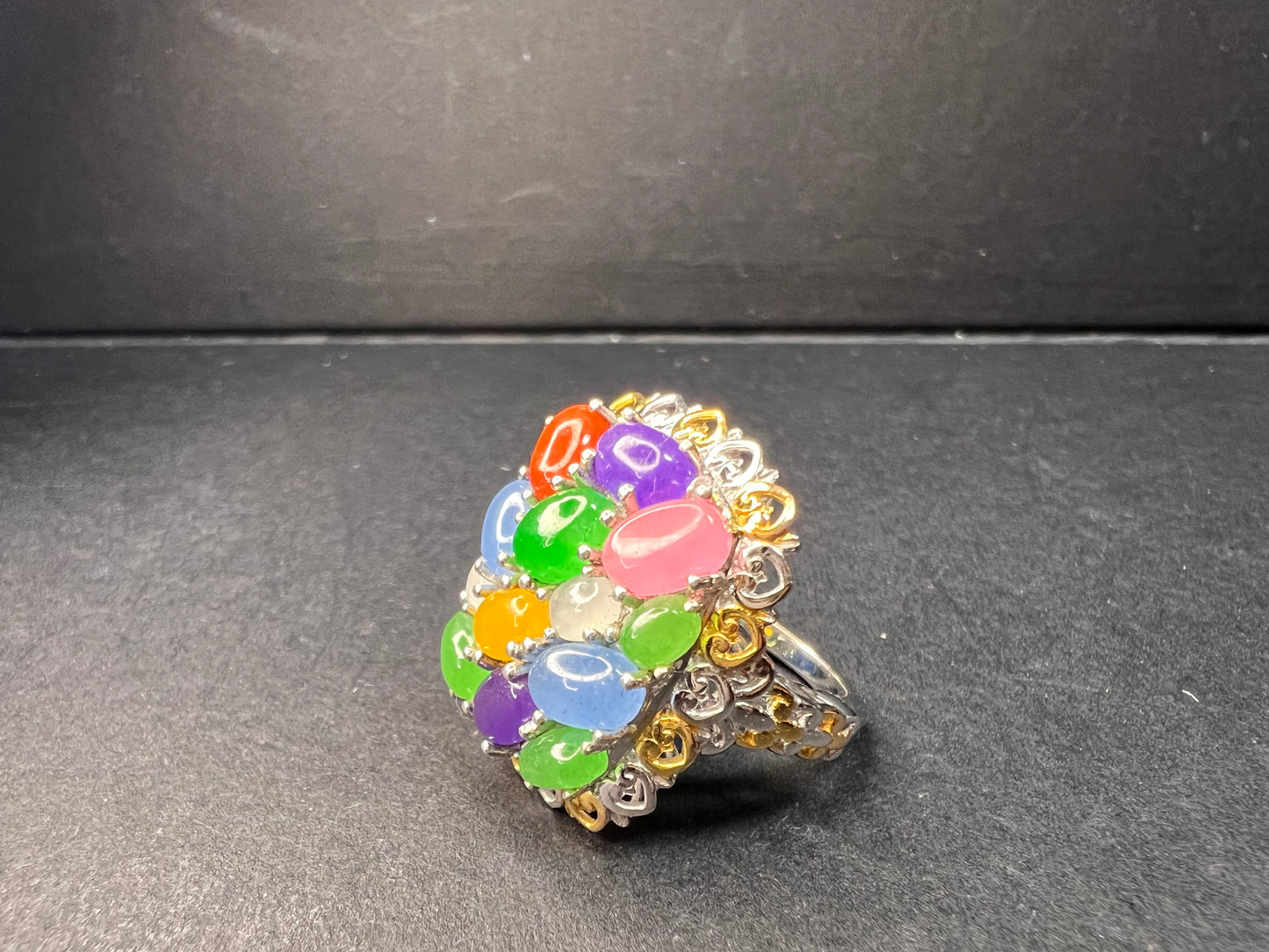 NEW rainbow harmony jade ring in vermeil and rhodium over sterling silver size 5