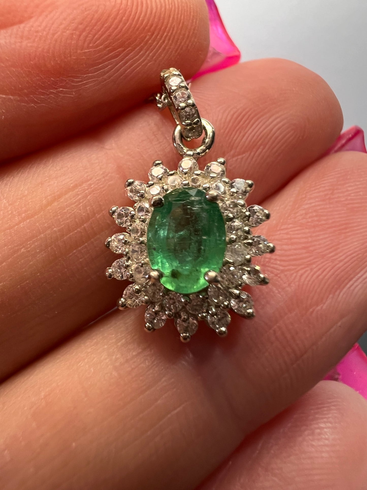 Zambian Emerald and White Zircon Sunburst Pendant Necklace 18 Inches in Platinum Over Sterling Silver 1.50 ctw