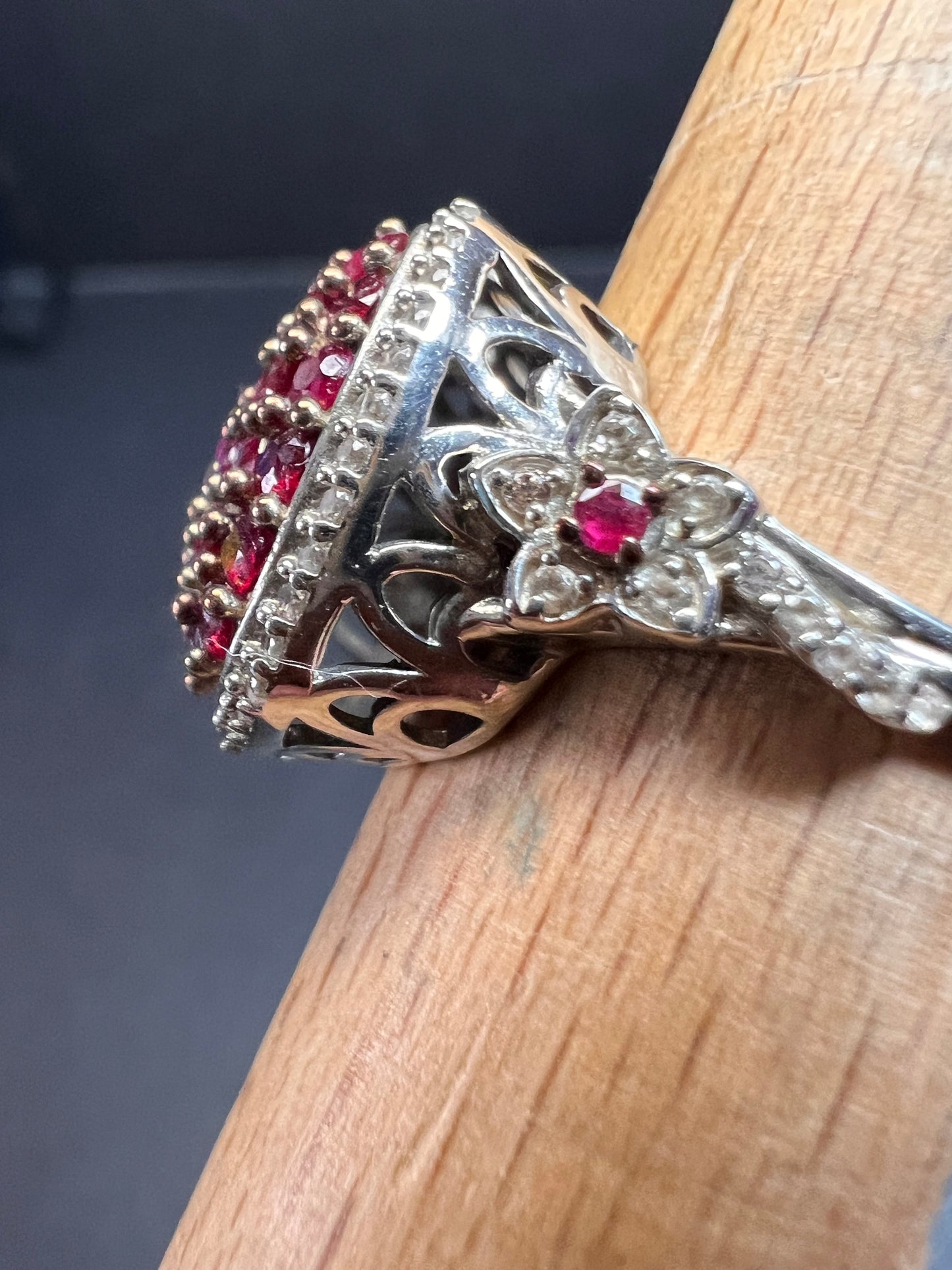 NEW Ruby and zircon cluster ring in rhodium over sterling silver size 8
