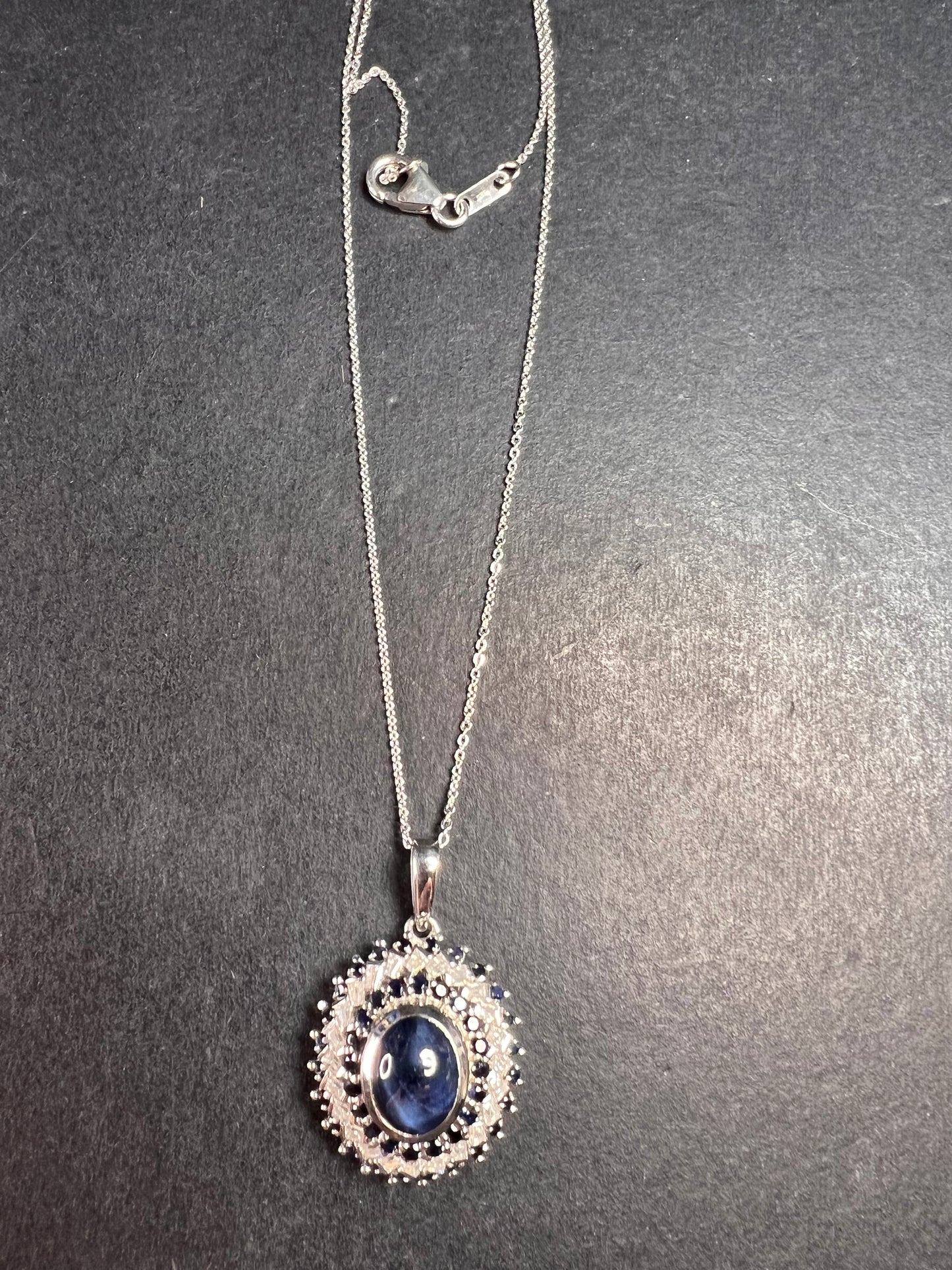 NEW Blue star sapphire and moissanite sterling silver halo pendant necklace