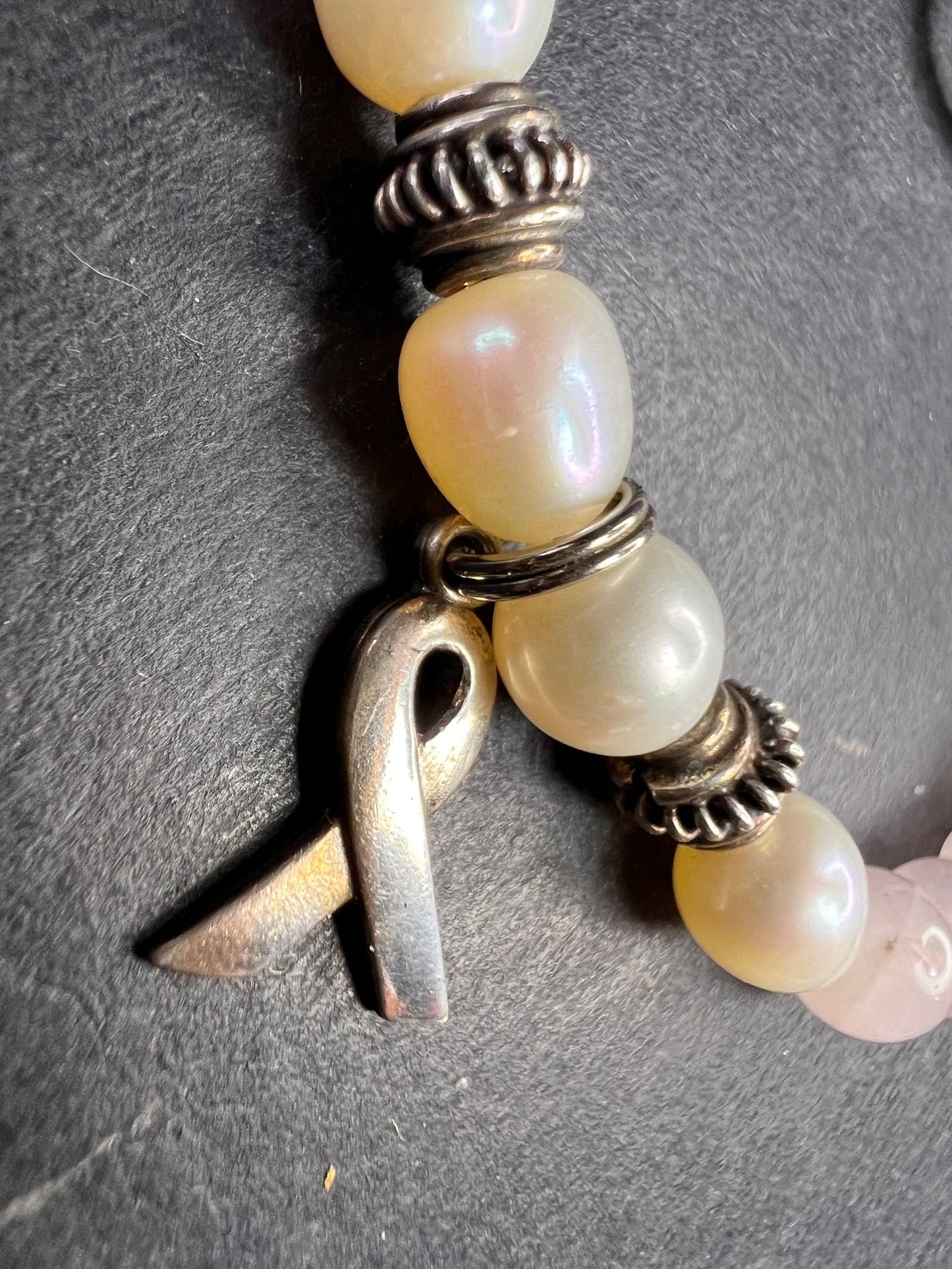 Vintage rose quartz, freshwater pearls, and sterling silver breast cancer awareness bracelet