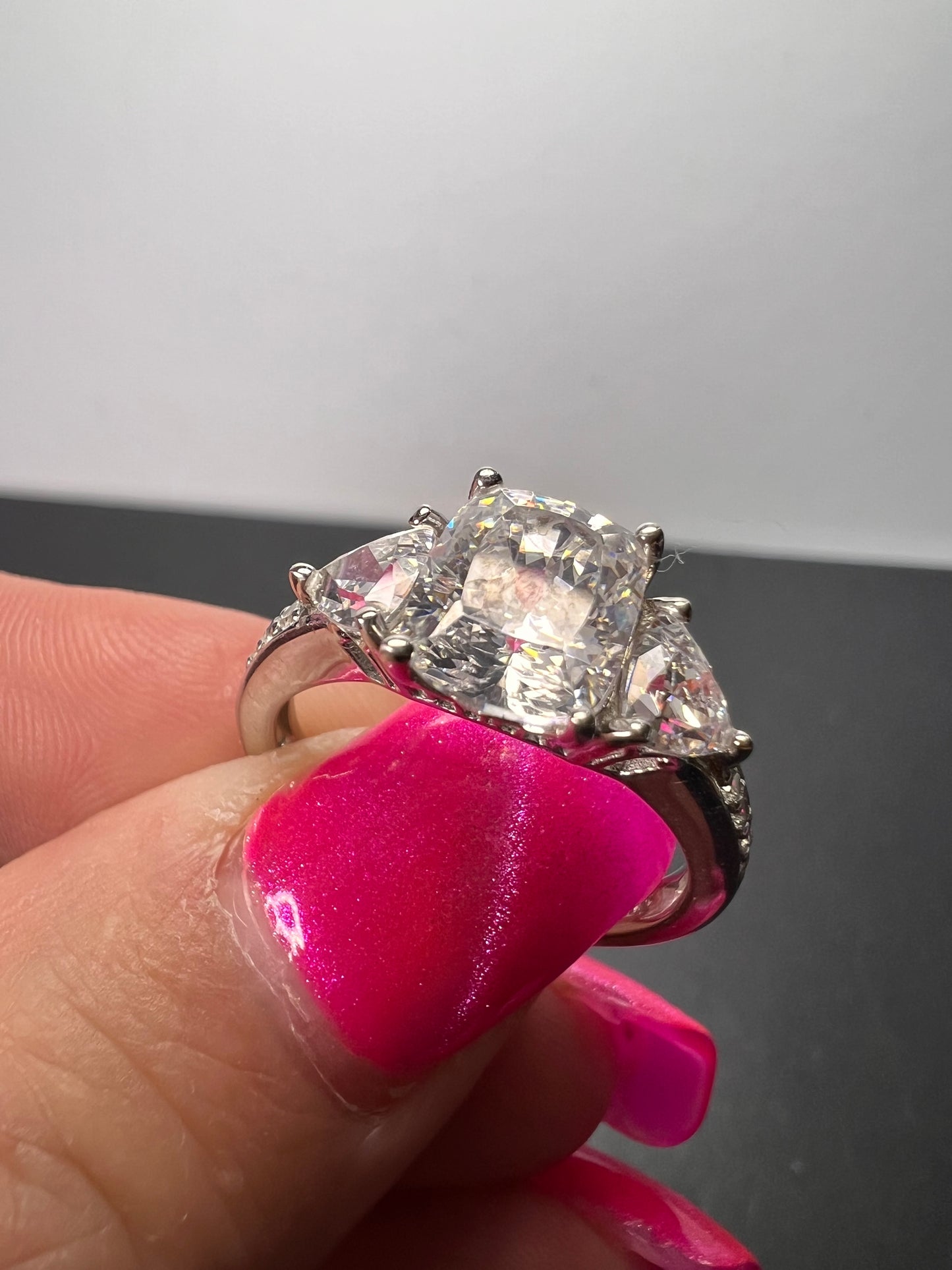 White cushion cut cubic zirconia platinum over sterling silver ring size 9