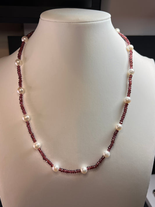 14k gold clasp garnet and pearl station necklace 18 inches