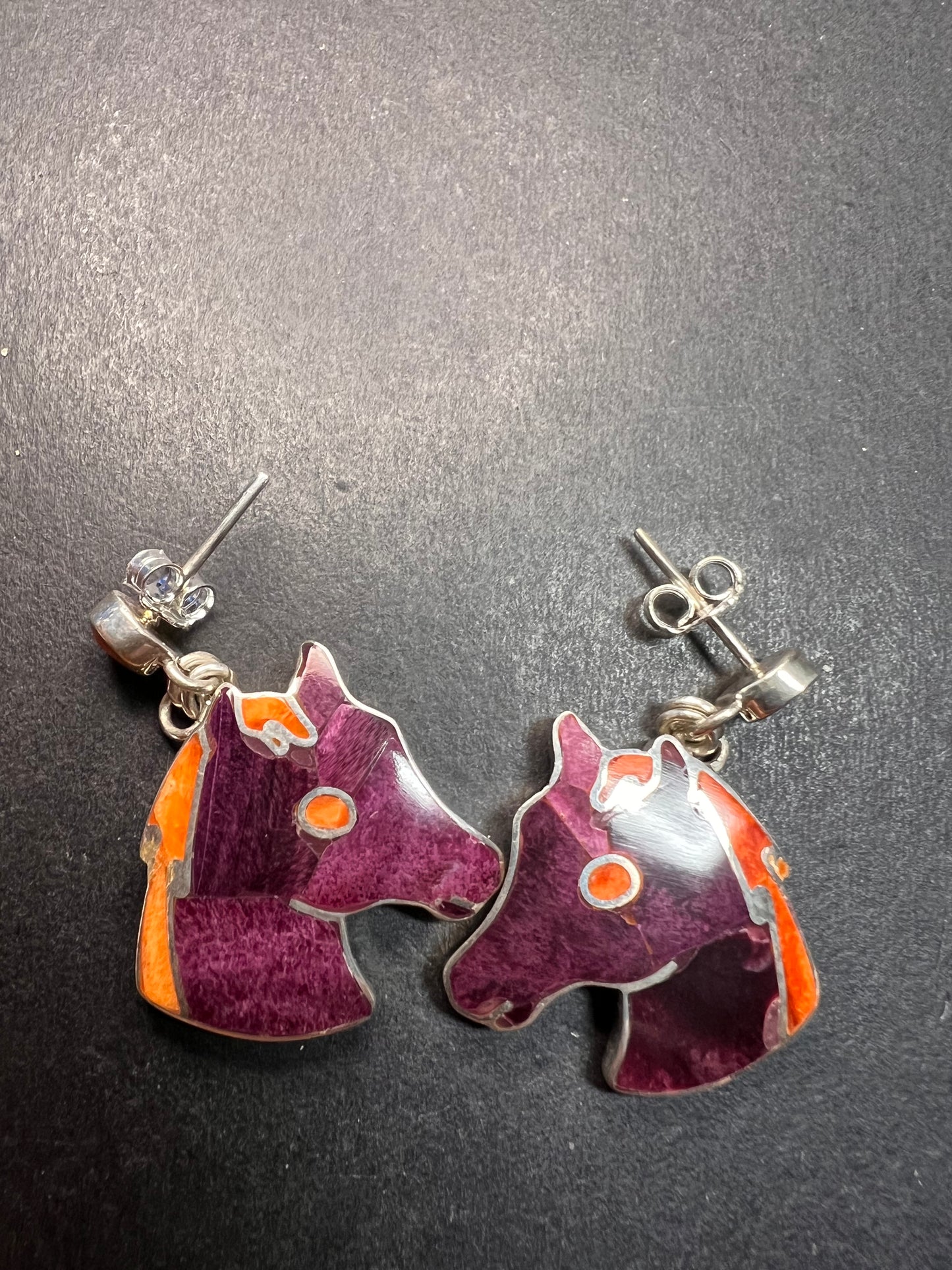NEW Peruvian spiny oyster sterling silver horse head earrings