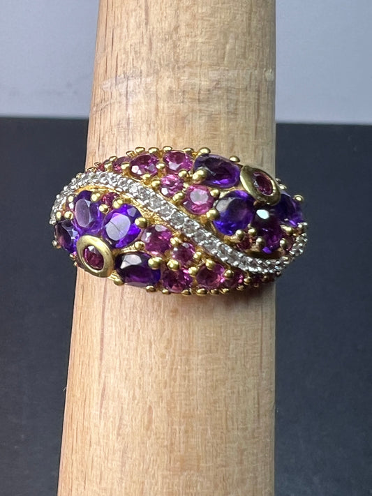 Violet tourmaline and amethyst ring in gold over sterling size 9