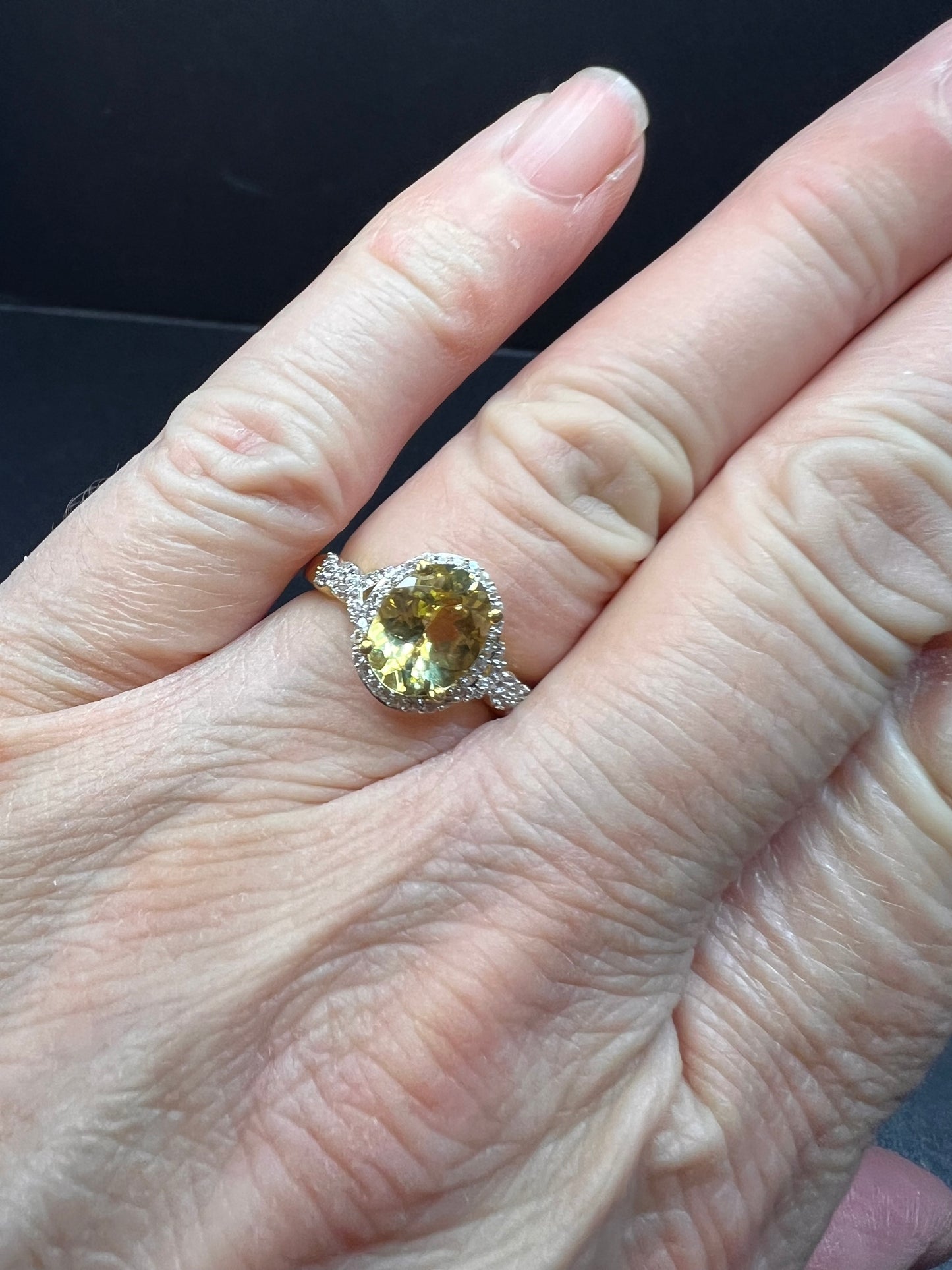 NEW yellow apatite and zircon halo ring in vermeil size 6