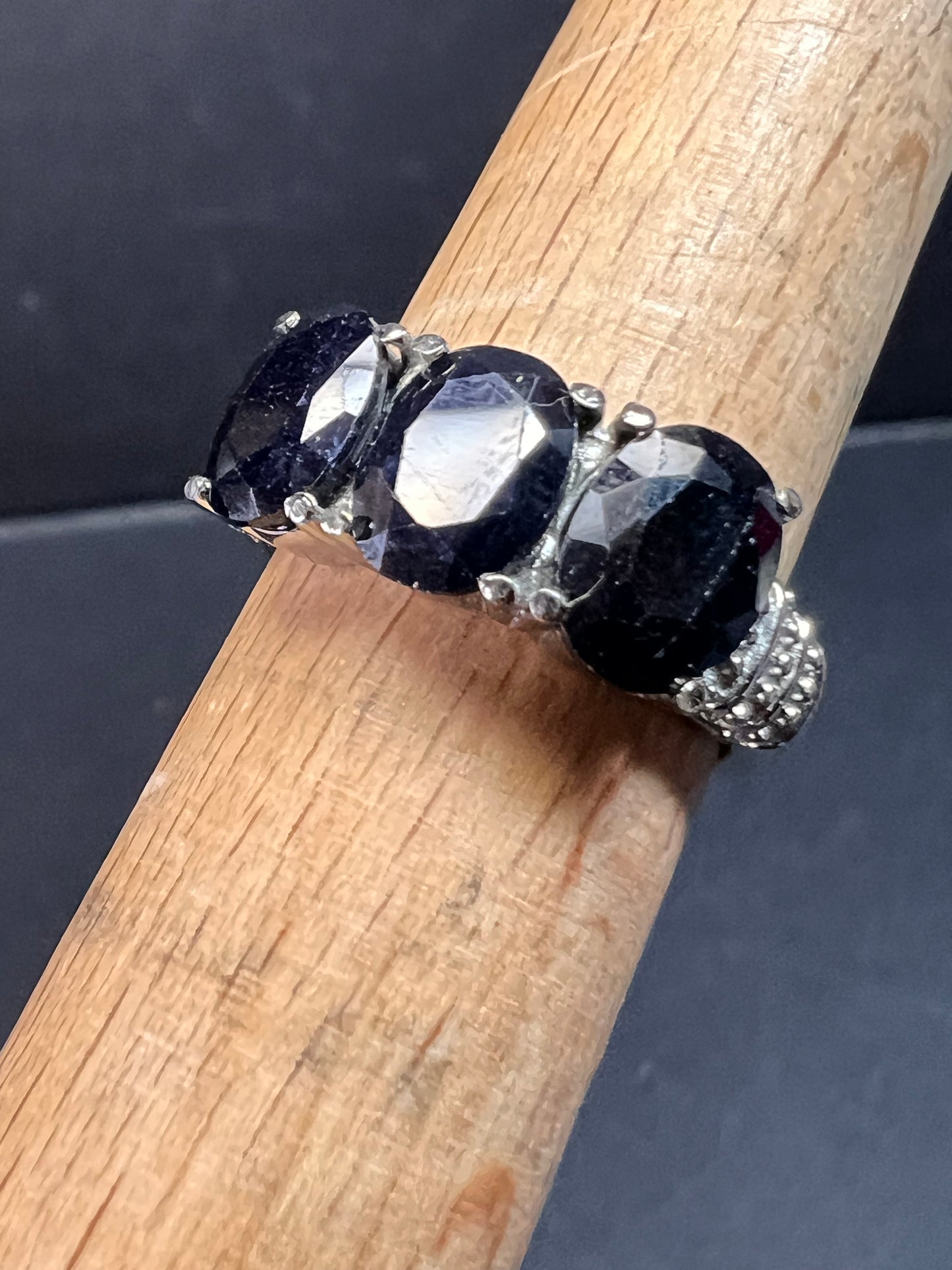NEW midnight sapphire three stone ring in stainless steel size 7