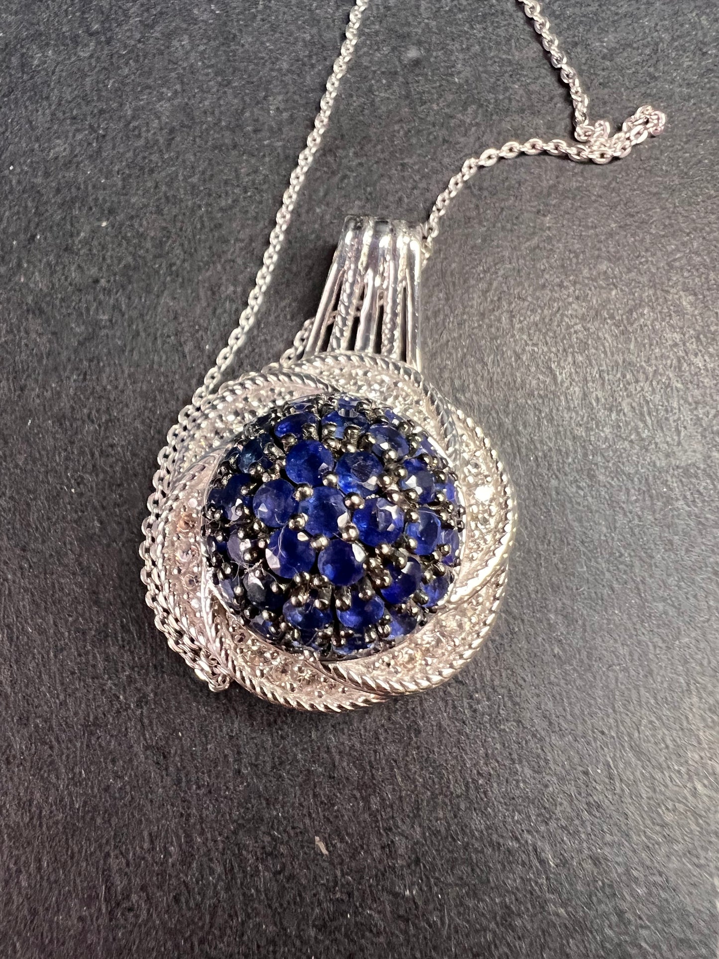 NEW blue sapphire and zircon galaxy halo pendant and chain in rhodium over sterling silver