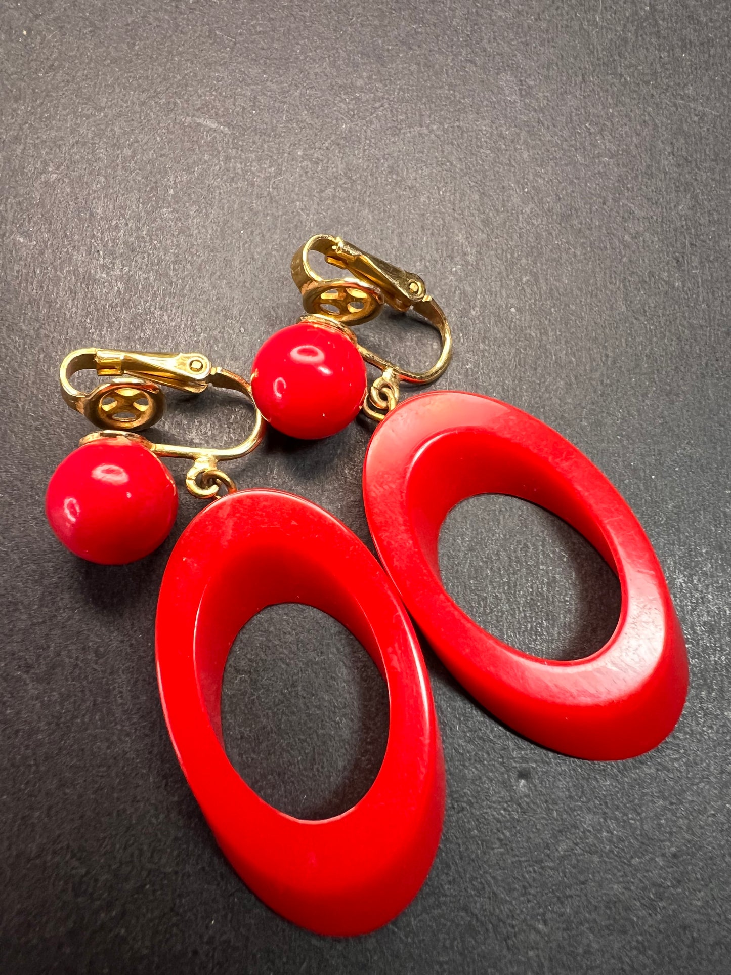 Vintage Trifari red lucite hoop clip on earrings