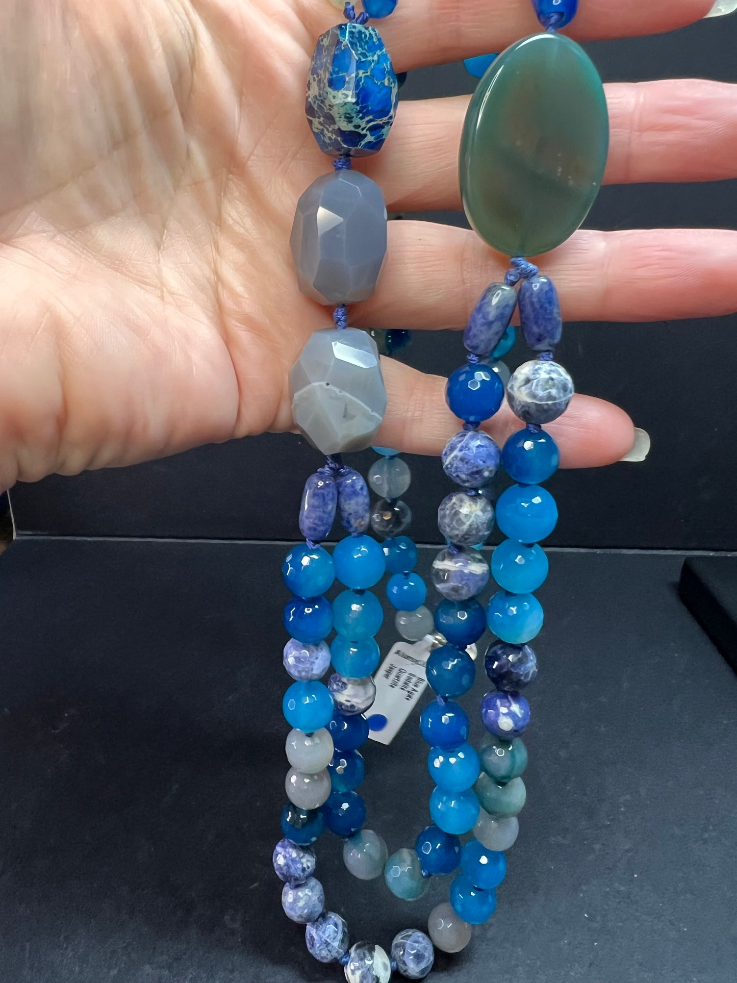 NEW multi blue semi precious stone station 36 inch necklace with sterling silver clasp