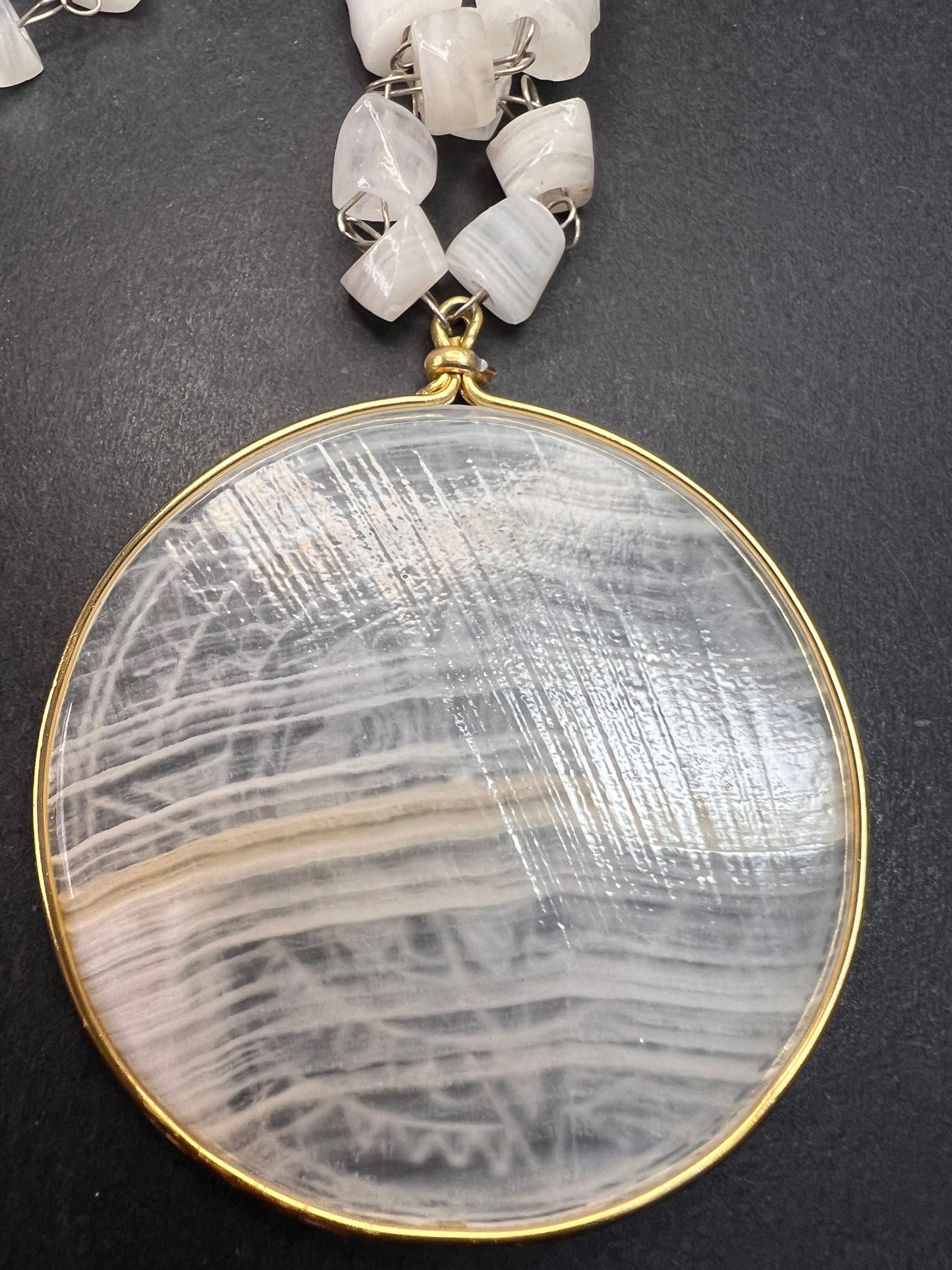 Vintage white onyx Aztec sundial 24 inch pendant necklace