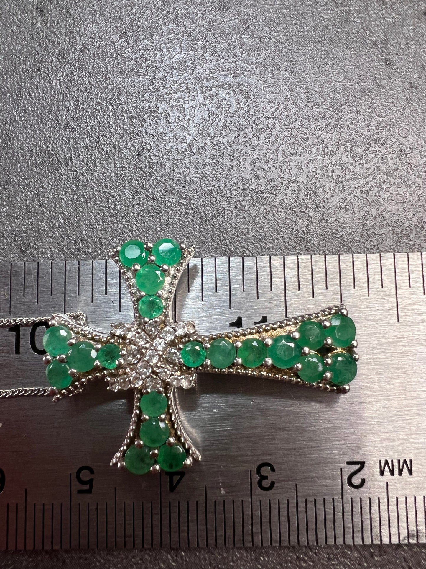 Emerald and zircon sterling silver cross pendant with 20 inch chain