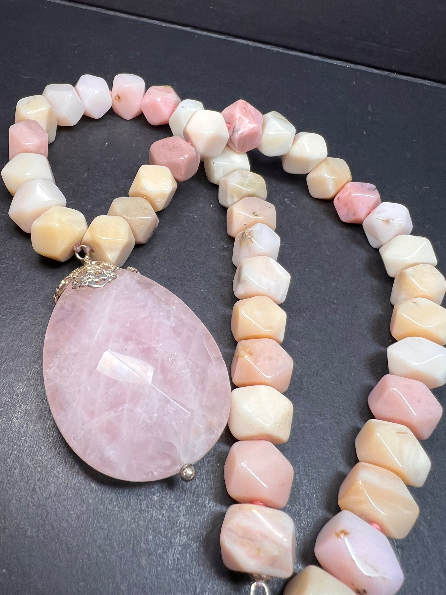 NEW pink opal and rose quartz Sterling silver necklace