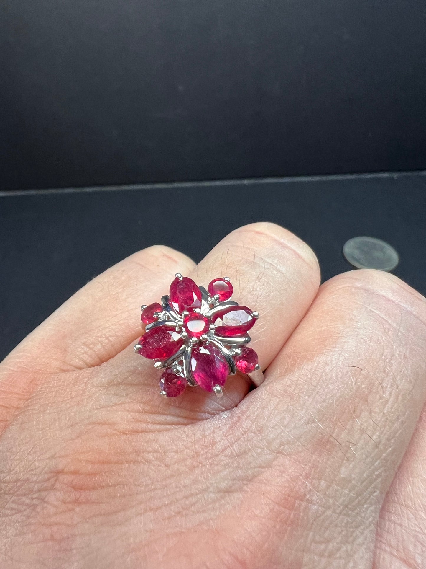 Vintage ruby flower cluster sterling silver ring size 7