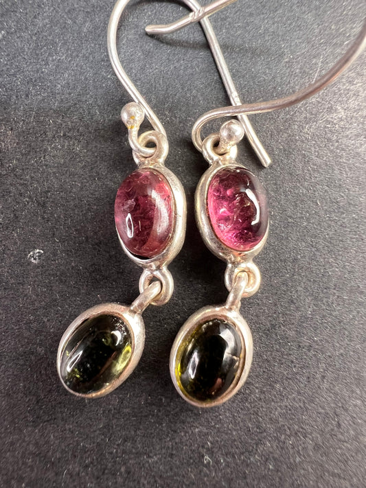 NEW vintage dead stock pink and green tourmaline 925 sterling silver earrings 2.73 grams