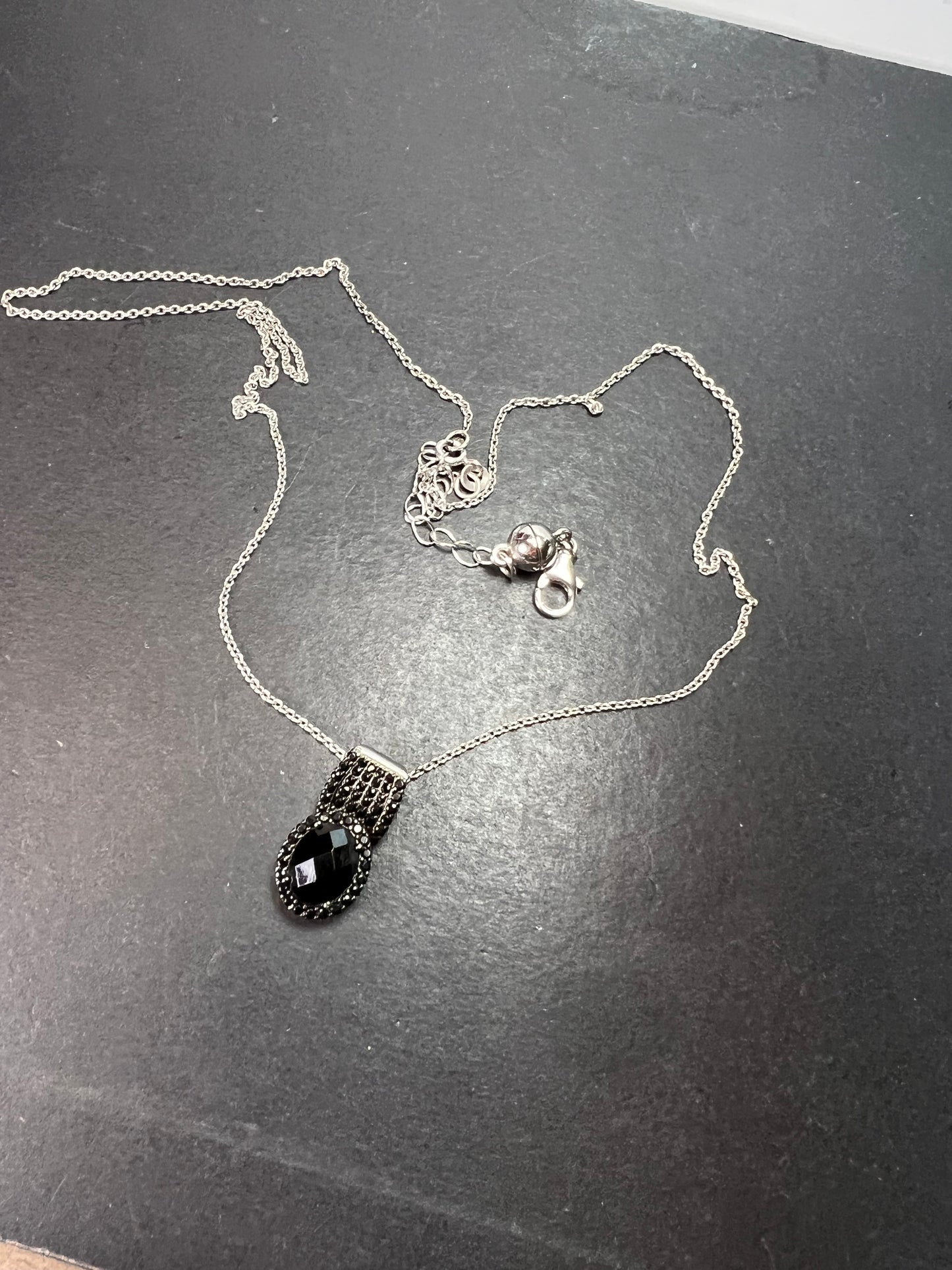 Black spinel pendant and chain necklace in rhodium over sterling silver