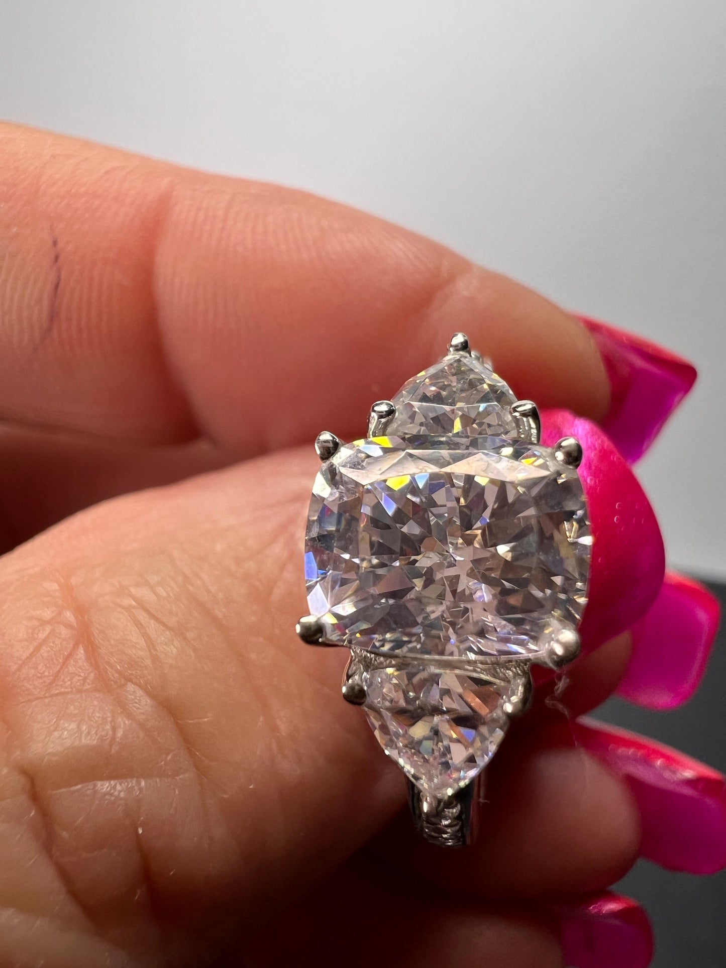 White cushion cut cubic zirconia platinum over sterling silver ring size 9